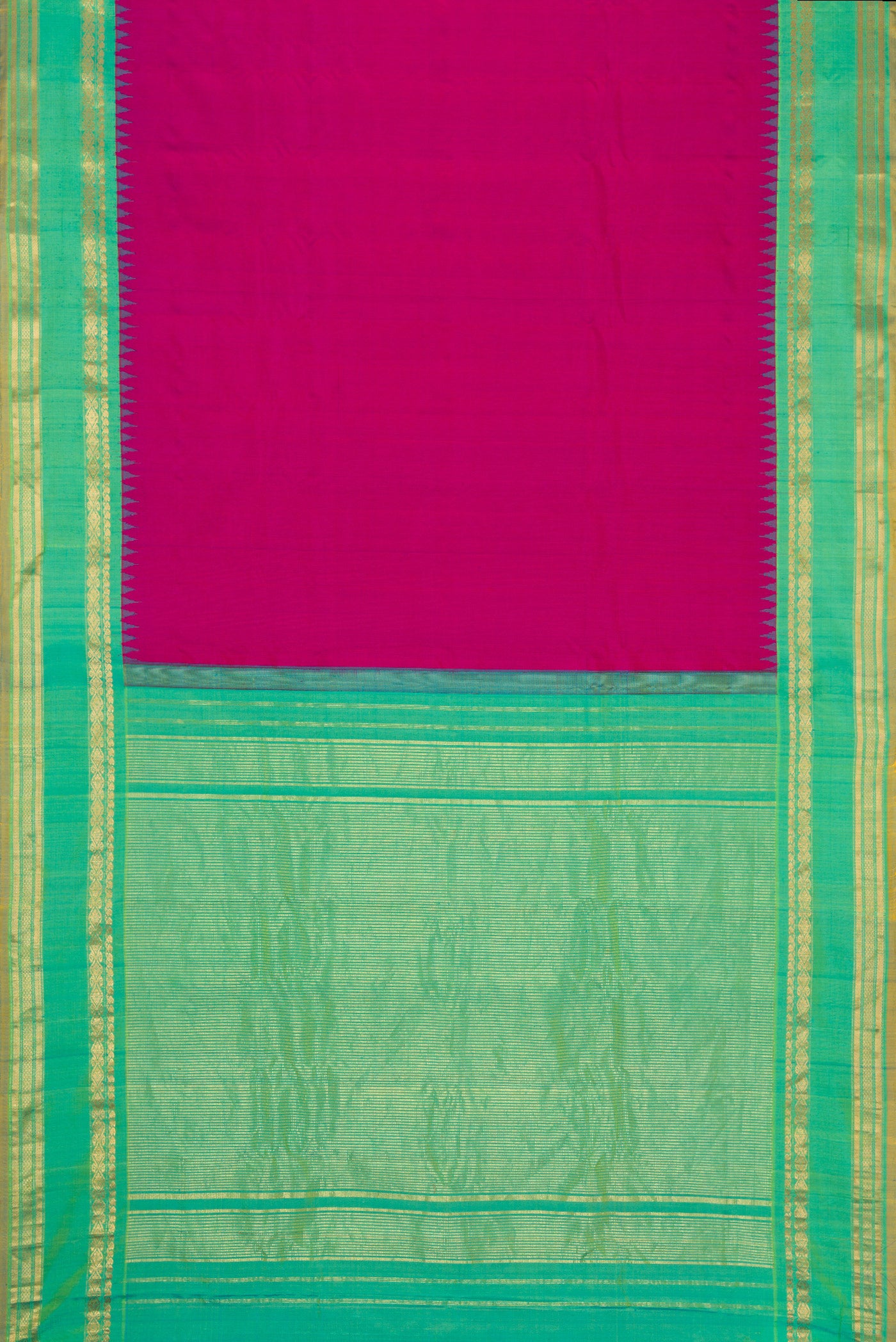Flat view of Pink Dual Tone Gadwal Silk Saree with Plain Body and Zari Border. 
