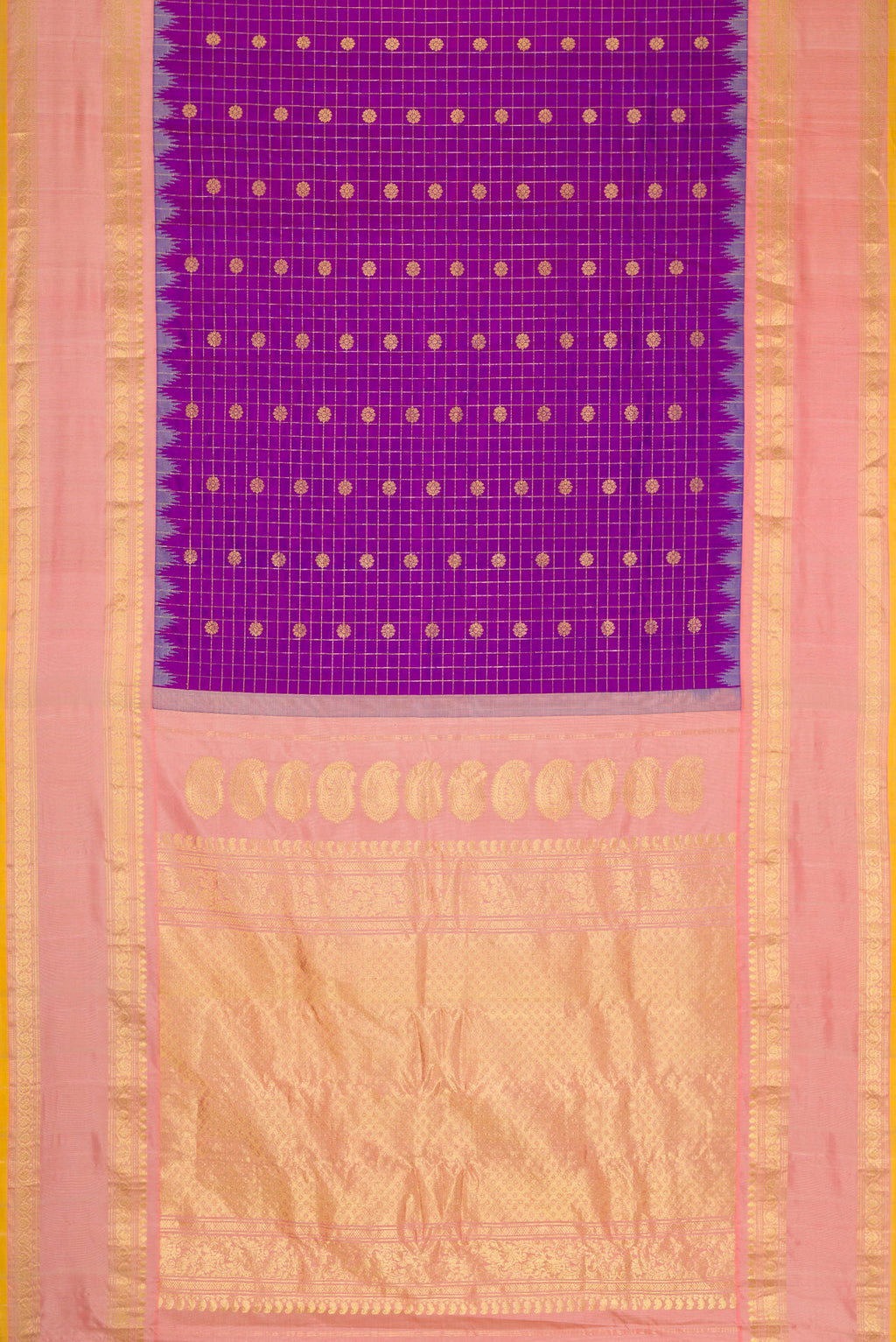 Flat view of Purple Dual Tone Gadwal Silk Saree with Zari Butta on the body and Zari Border. 