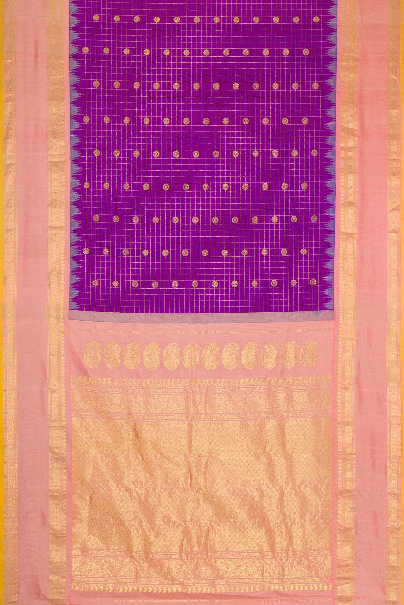 Flat view of Purple Dual Tone Gadwal Silk Saree with Zari Butta on the body and Zari Border. 