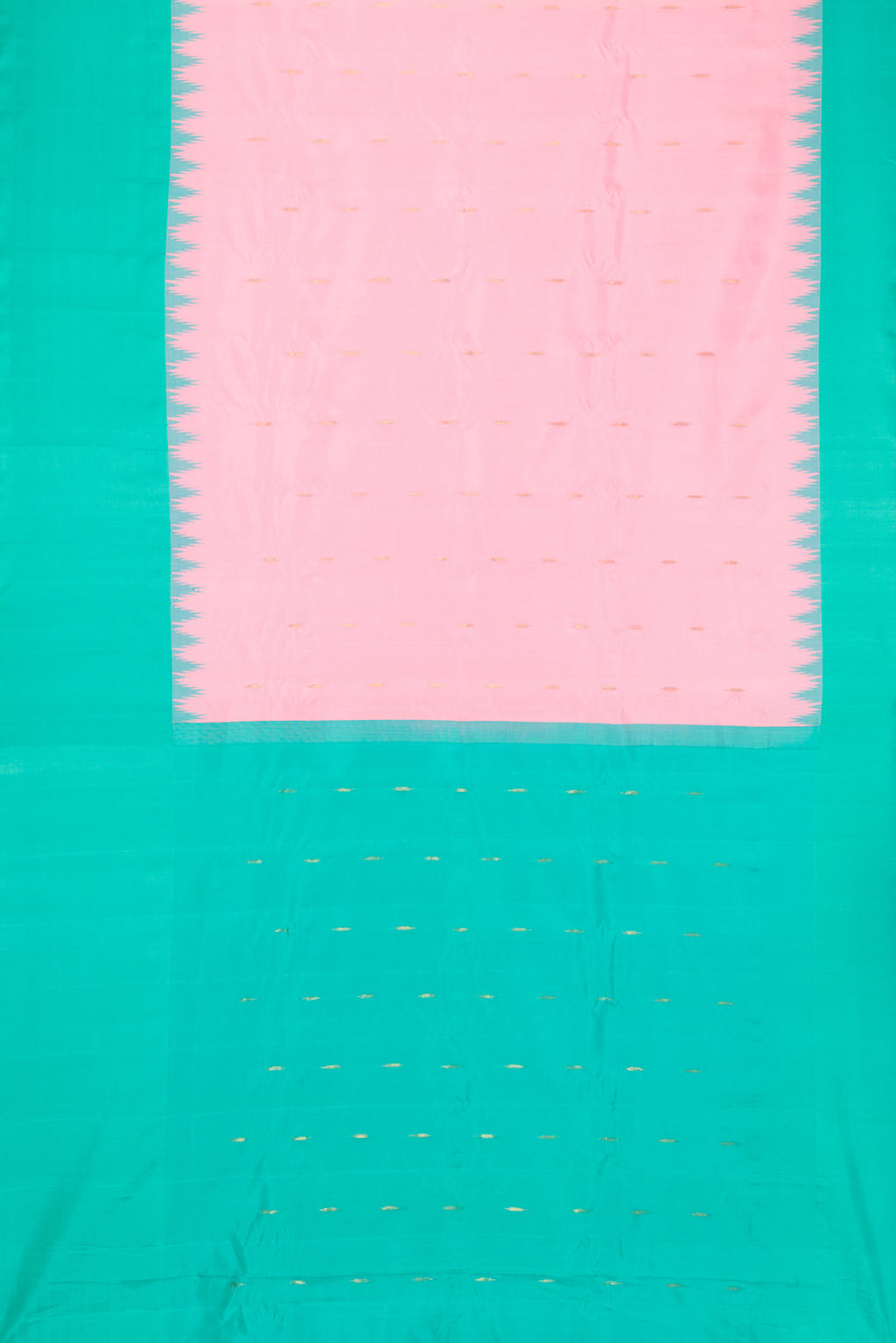 Flat view of Pink Dual Tone Gadwal Silk Saree with Zari Butta on the body and Temple Border. 