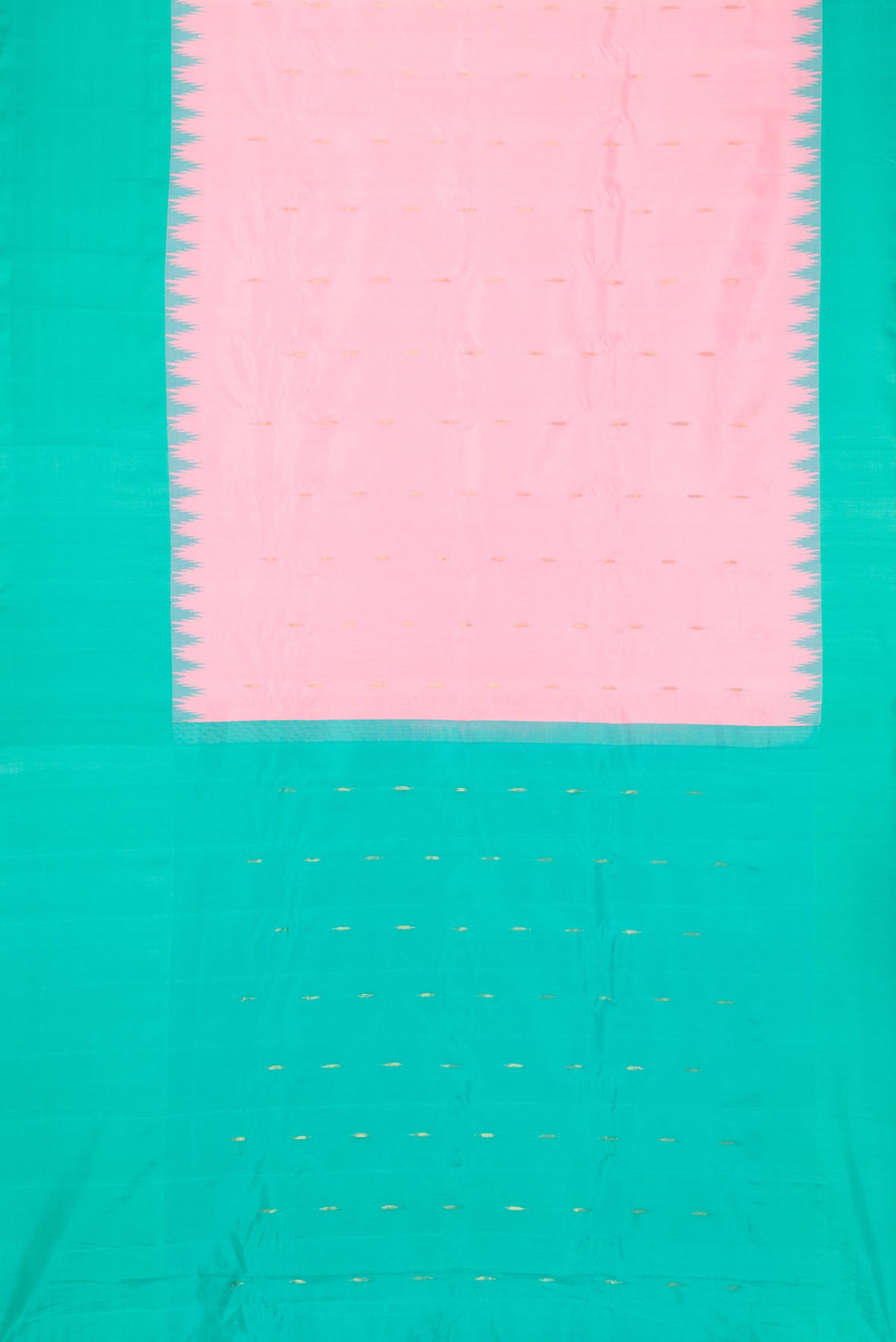 Flat view of Pink Dual Tone Gadwal Silk Saree with Zari Butta on the body and Temple Border. 