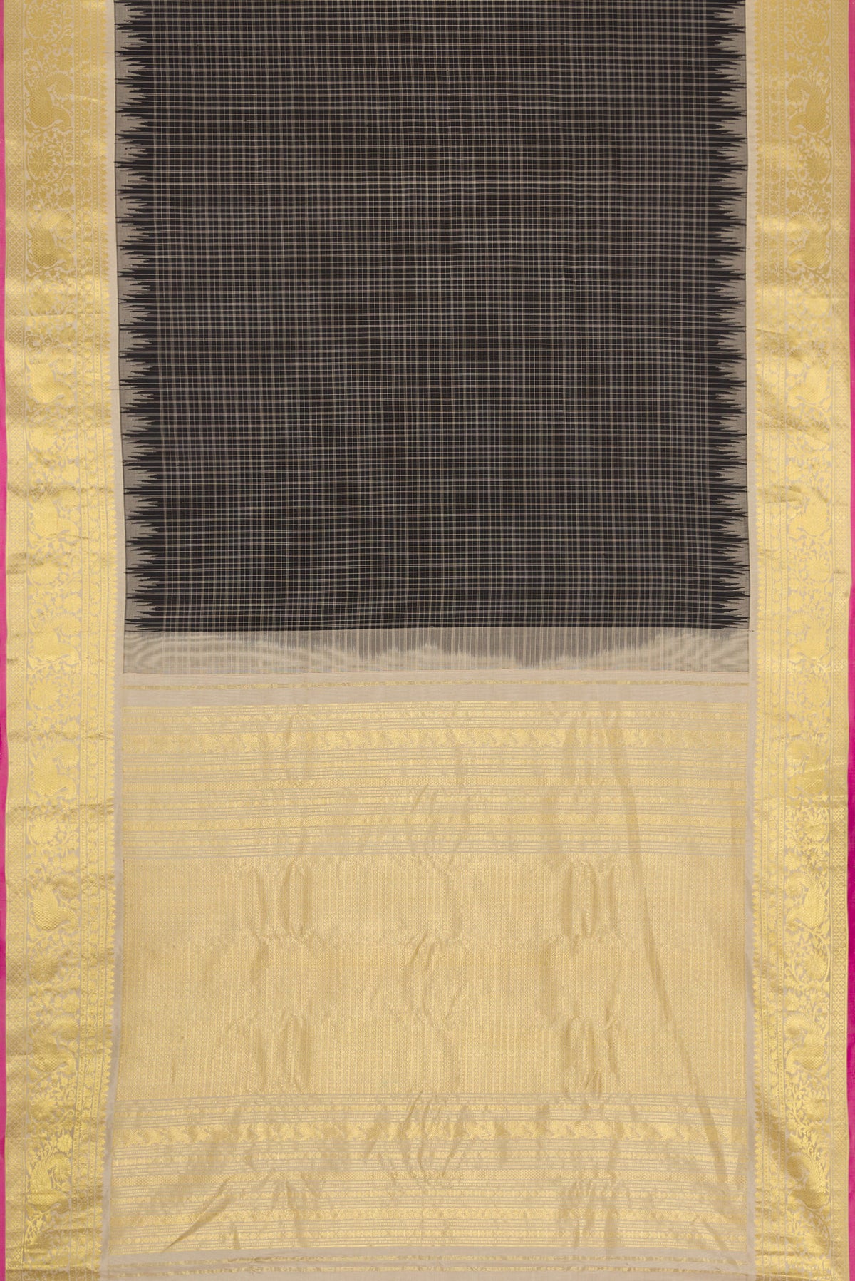 Flat view of Black Dual Tone Gadwal Silk Saree with Checked design on the body and Temple Border. 