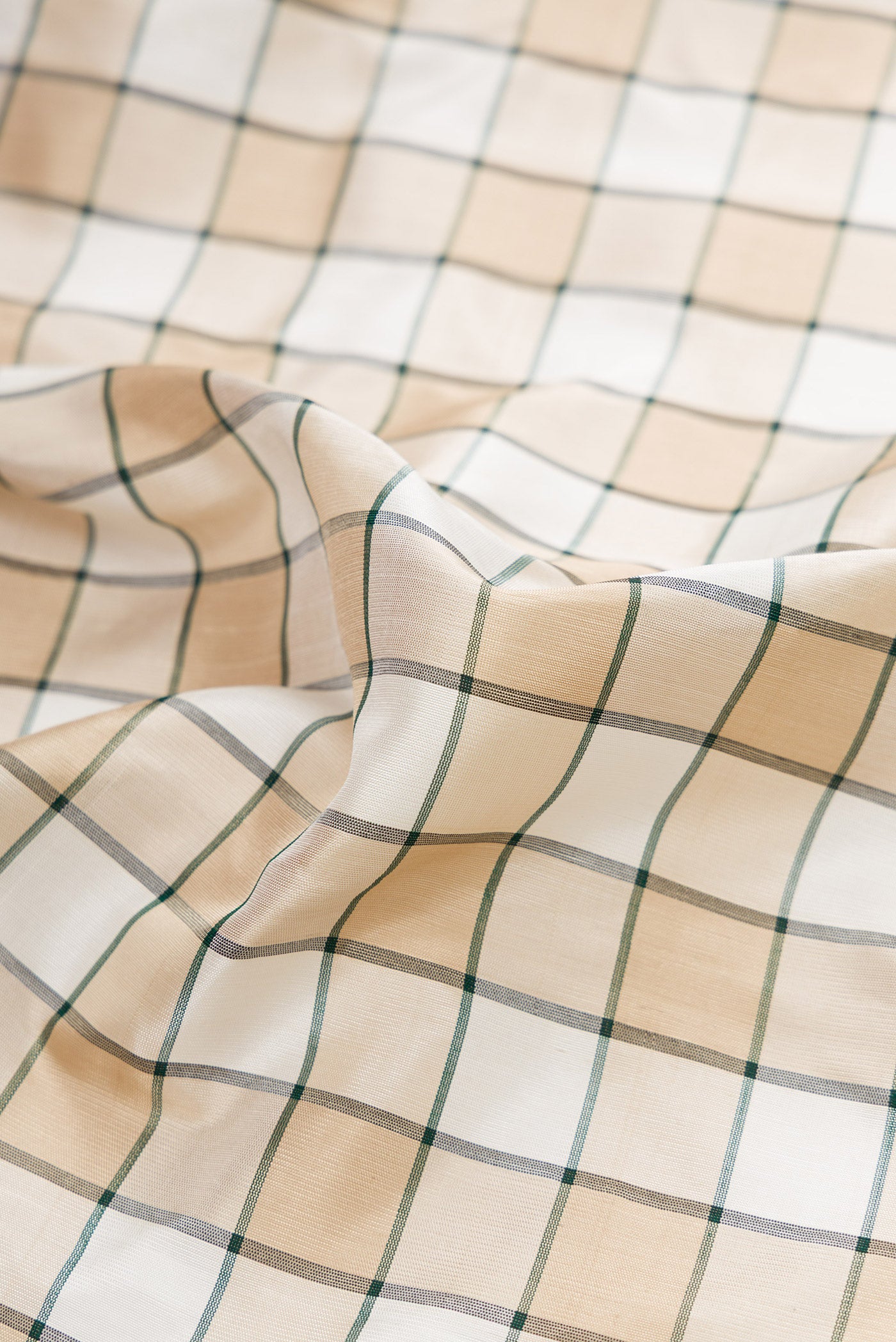 Close up of Beige and Off White Color Gadwal Silk Saree with Checked design on the body and Zari Border.  displaying folds