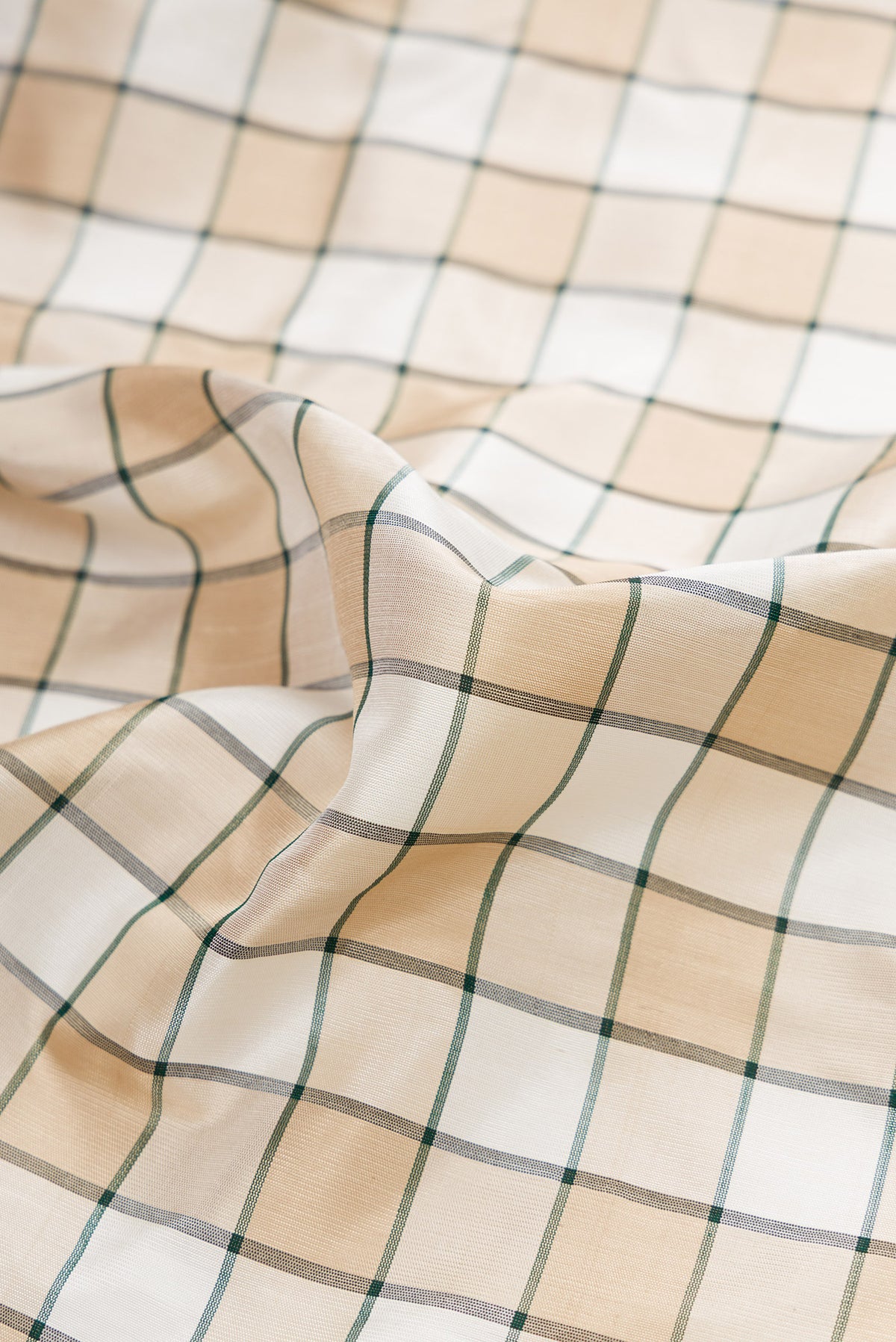 Close up of Beige and Off White Color Gadwal Silk Saree with Checked design on the body and Zari Border.  displaying folds