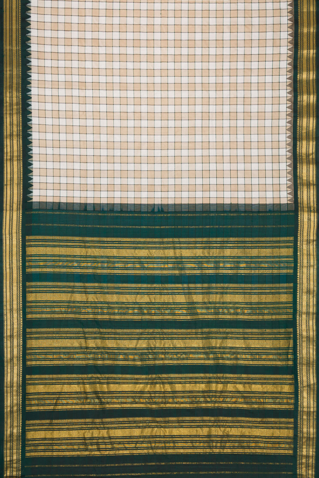 Flat view of Beige and Off White Color Gadwal Silk Saree with Checked design on the body and Zari Border. 