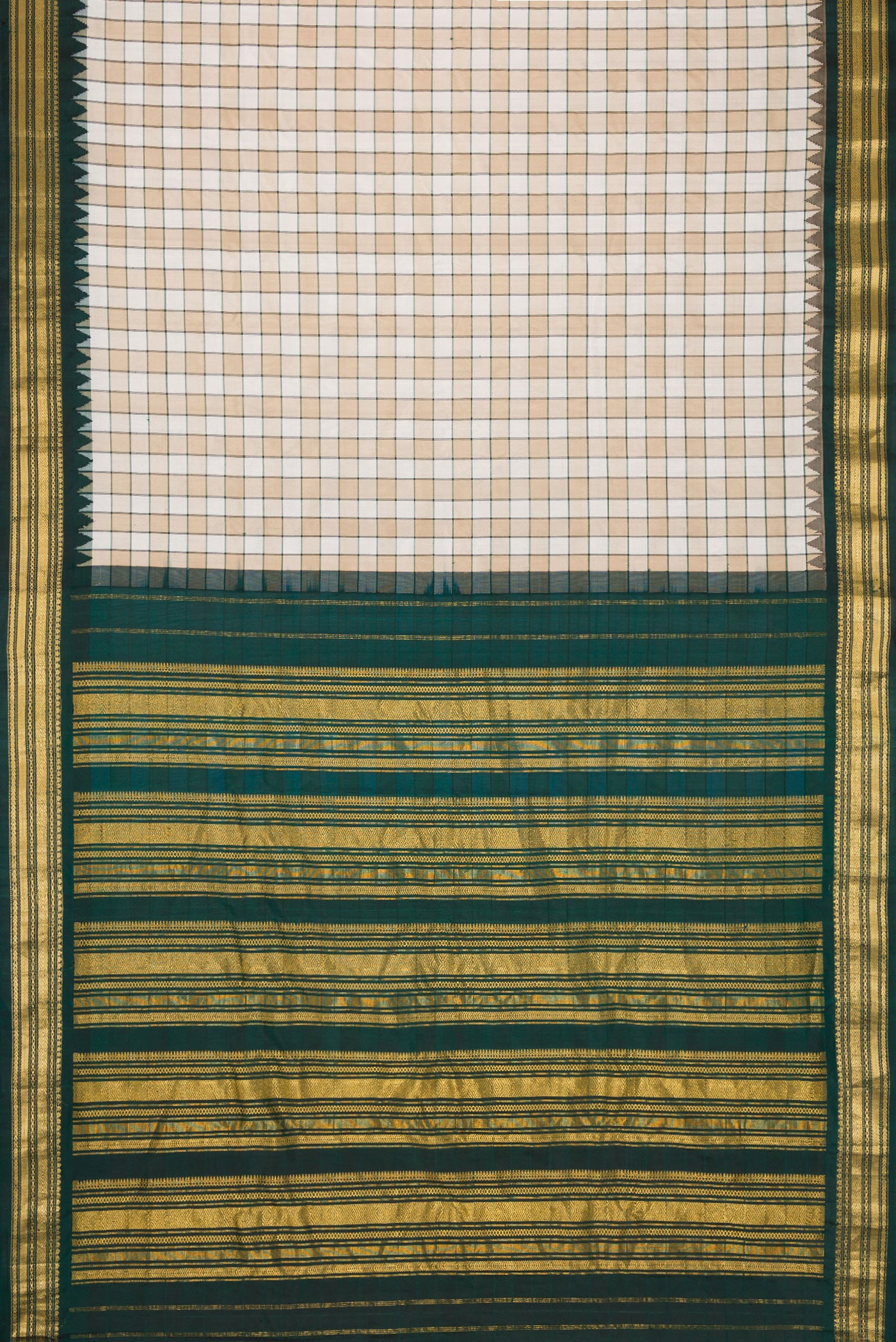 Flat view of Beige and Off White Color Gadwal Silk Saree with Checked design on the body and Zari Border. 