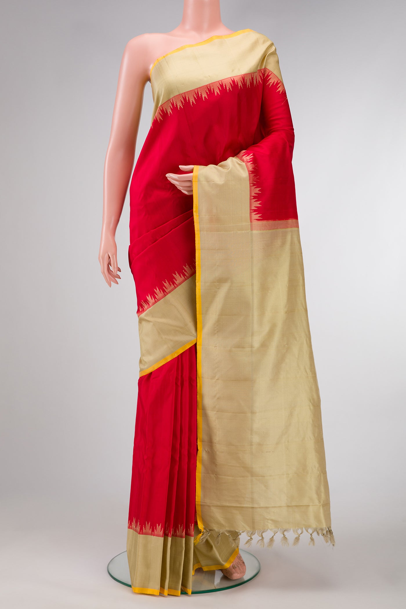 Red Dual Tone Gadwal Silk Saree with Plain Body and Temple Border.  displayed on a mannequin