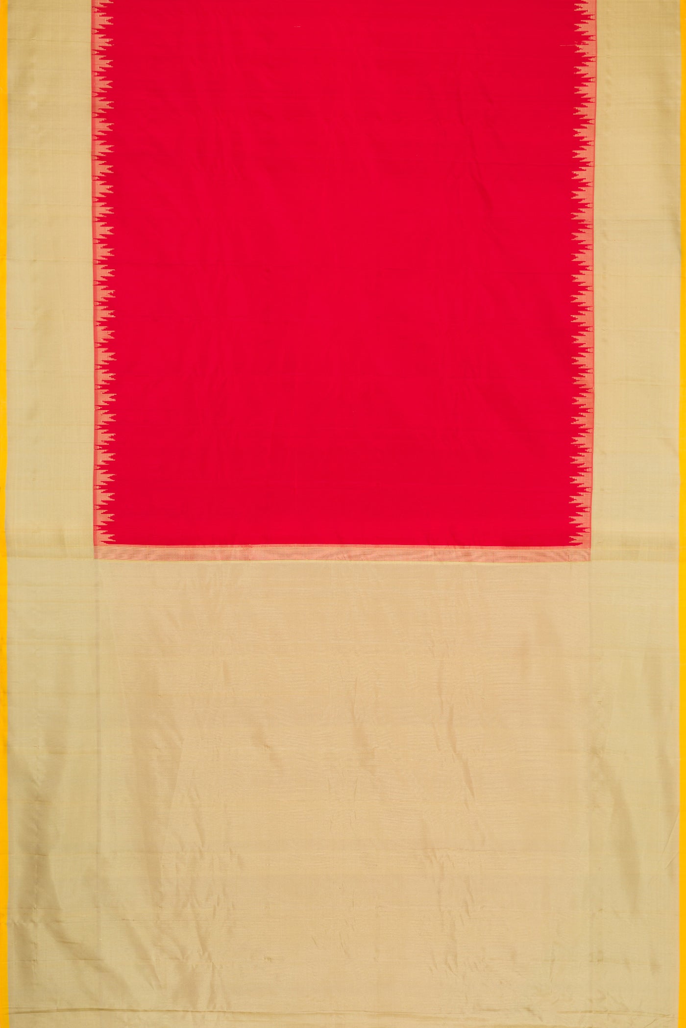Flat view of Red Dual Tone Gadwal Silk Saree with Plain Body and Temple Border. 