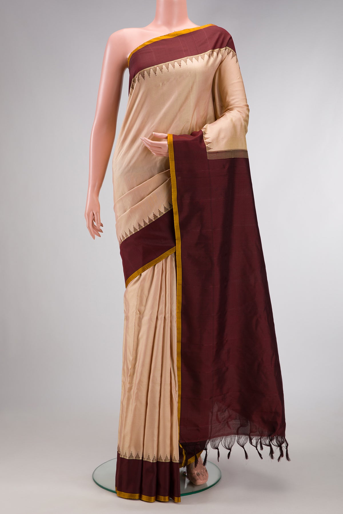 Sandal Dual Tone Gadwal Silk Saree with Plain Body and Plain Border.  displayed on a mannequin