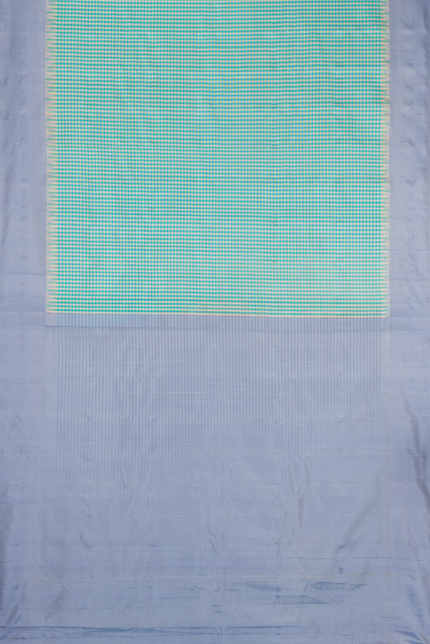 Flat view of Light Blue Dual Tone Gadwal Silk Saree with Checked design on the body and Plain Border. 