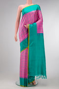 Pink Dual Tone Gadwal Silk Saree with Checked design on the body and Temple Border.  displayed on a mannequin