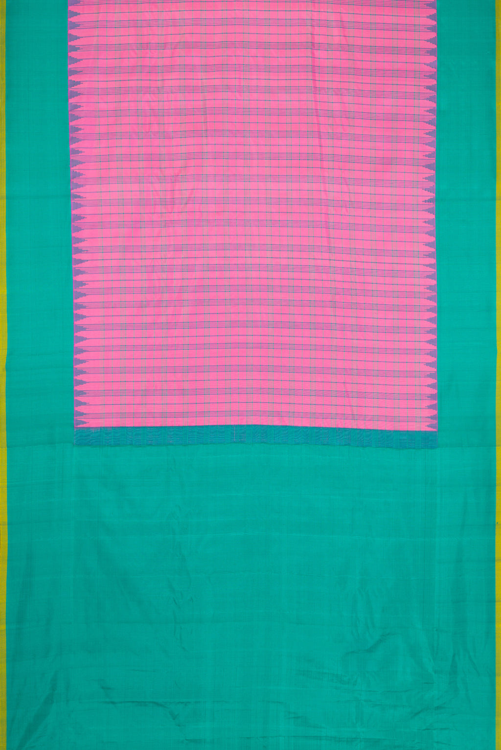 Flat view of Pink Dual Tone Gadwal Silk Saree with Checked design on the body and Temple Border. 