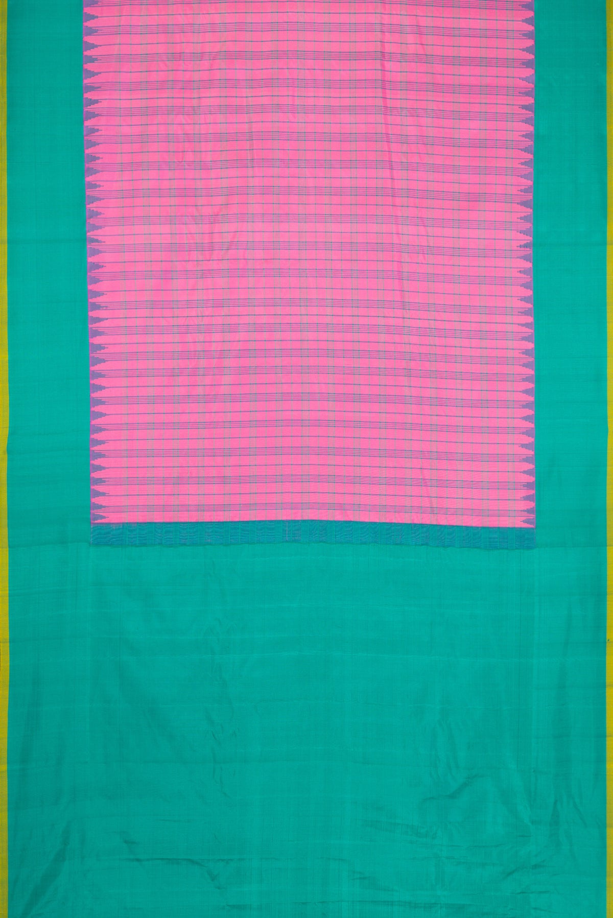 Flat view of Pink Dual Tone Gadwal Silk Saree with Checked design on the body and Temple Border. 