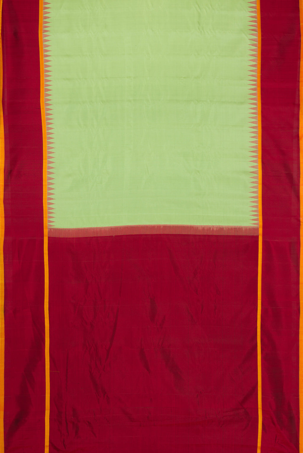 Flat view of Pista Green Dual Tone Gadwal Silk Saree with Plain Body and Temple Border. 