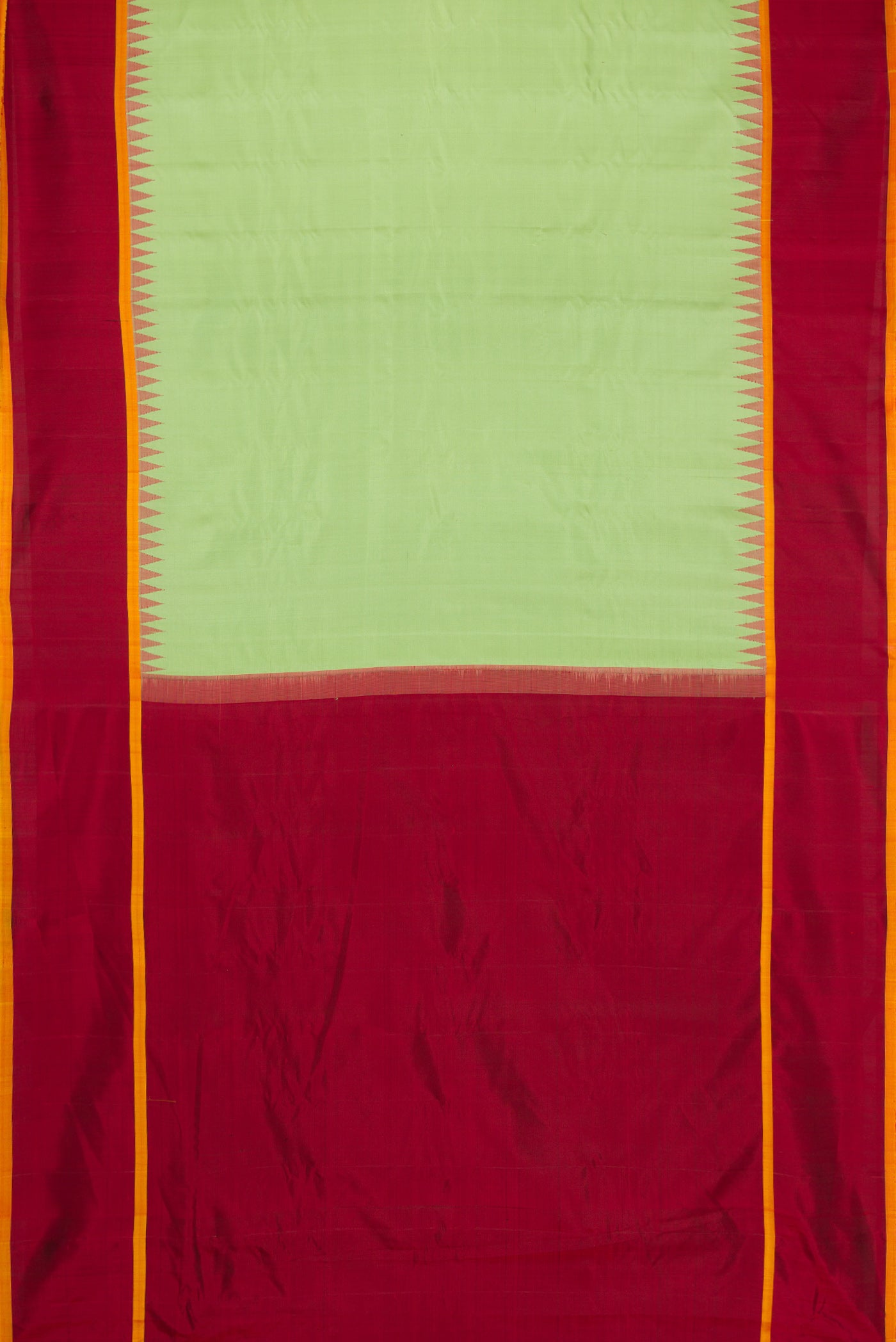 Flat view of Pista Green Dual Tone Gadwal Silk Saree with Plain Body and Temple Border. 