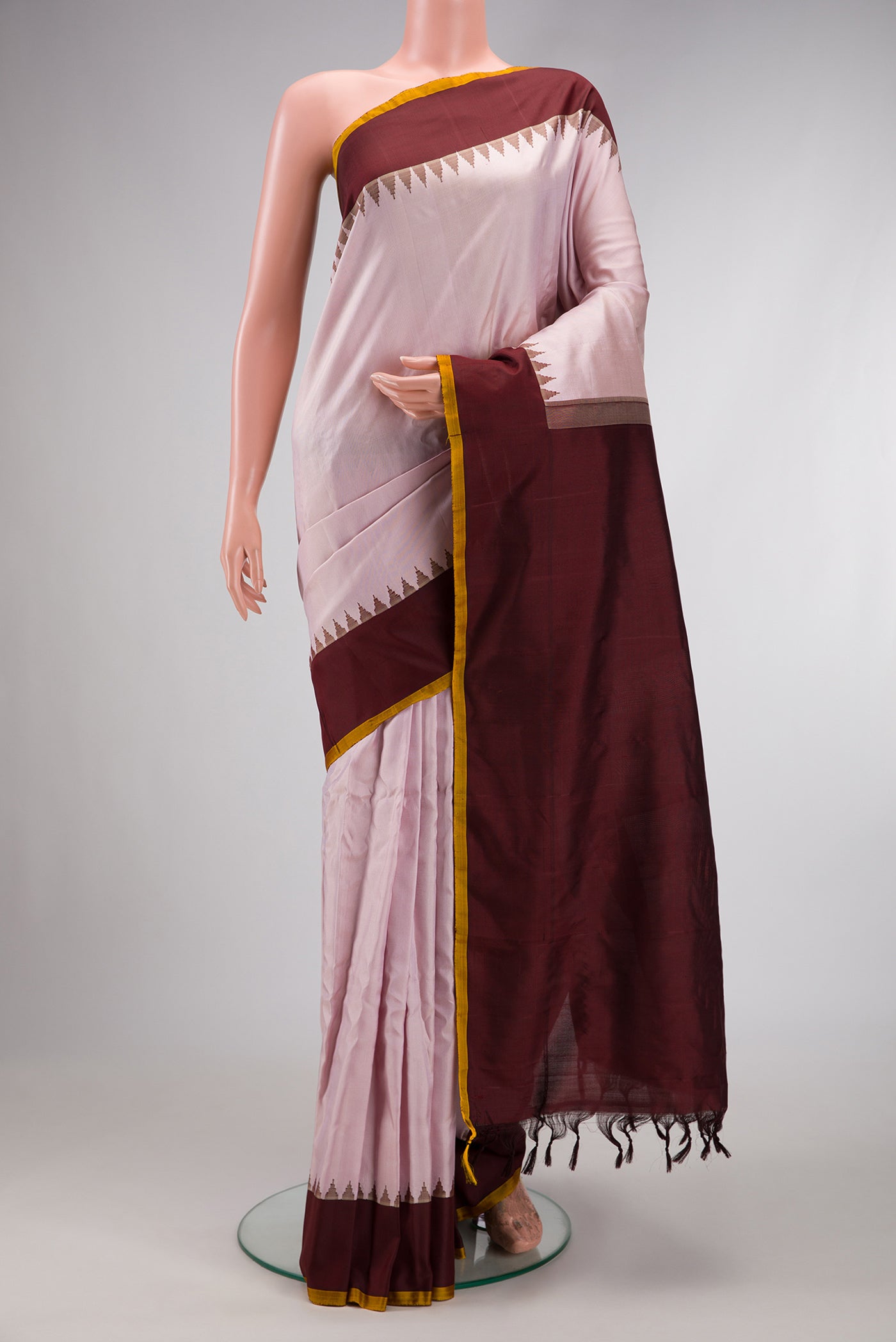 Lilac Dual Tone Gadwal Silk Saree with Plain Body and Zari Border.  displayed on a mannequin