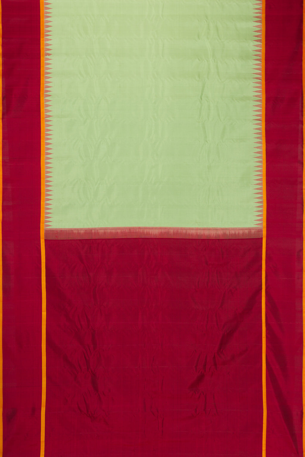 Flat view of Light Green Dual Tone Gadwal Silk Saree with Zari Butta on the body and Zari Border. 