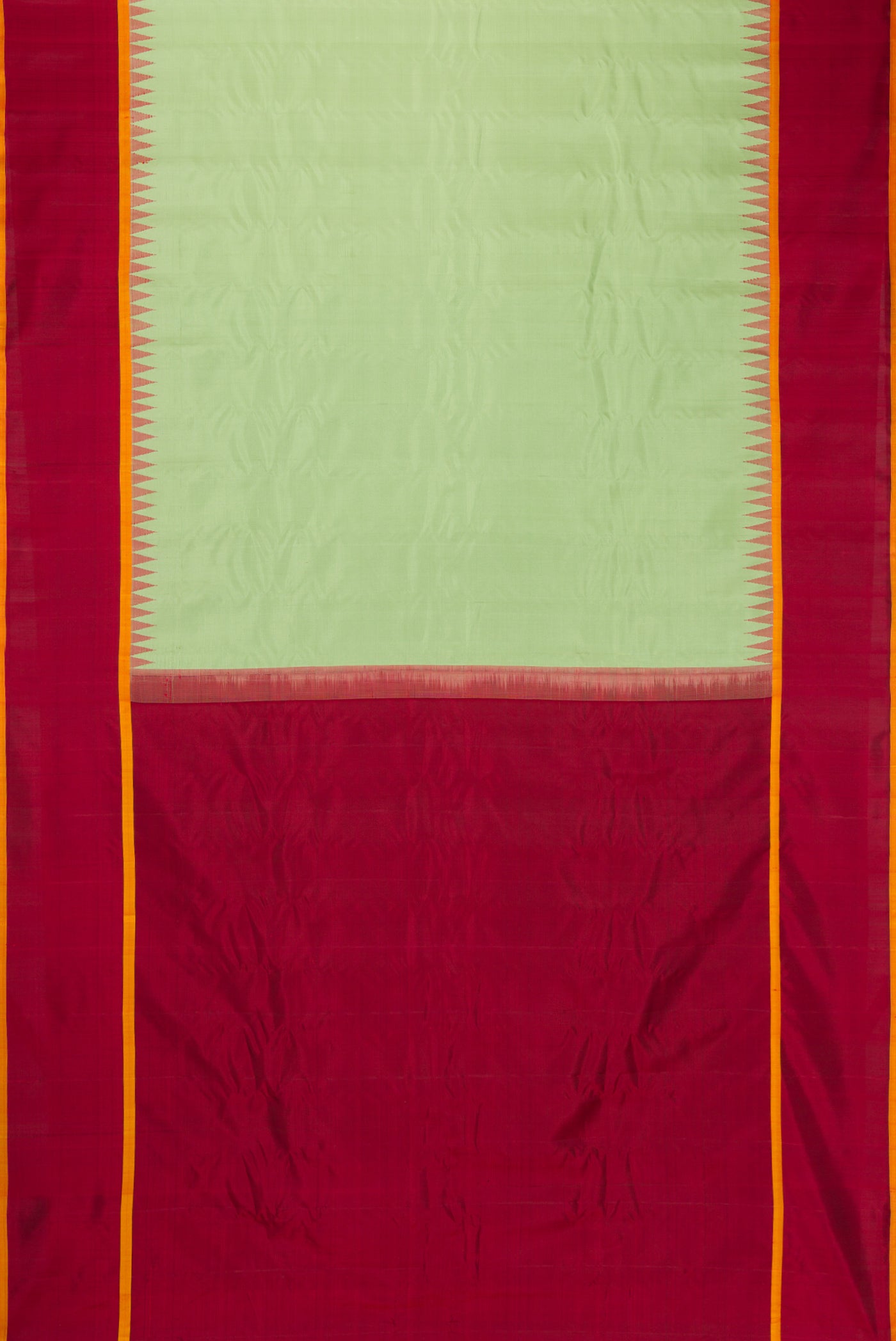 Flat view of Light Green Dual Tone Gadwal Silk Saree with Zari Butta on the body and Zari Border. 
