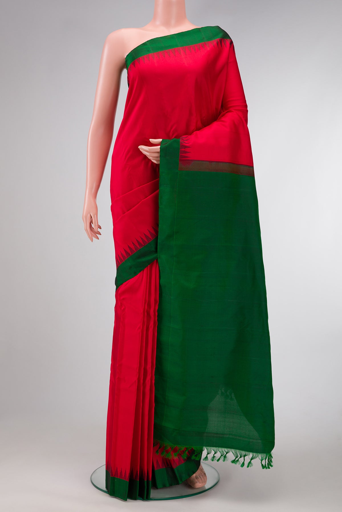 Red Dual Tone Gadwal Silk Saree with Plain Body and Temple Border.  displayed on a mannequin
