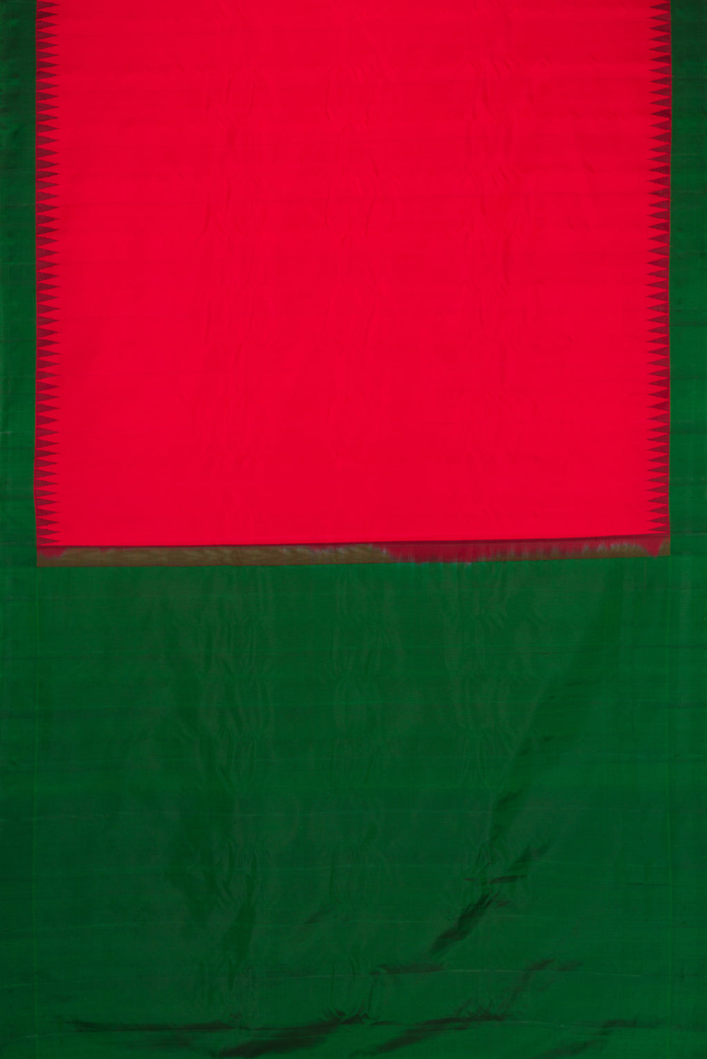 Flat view of Red Dual Tone Gadwal Silk Saree with Plain Body and Temple Border. 