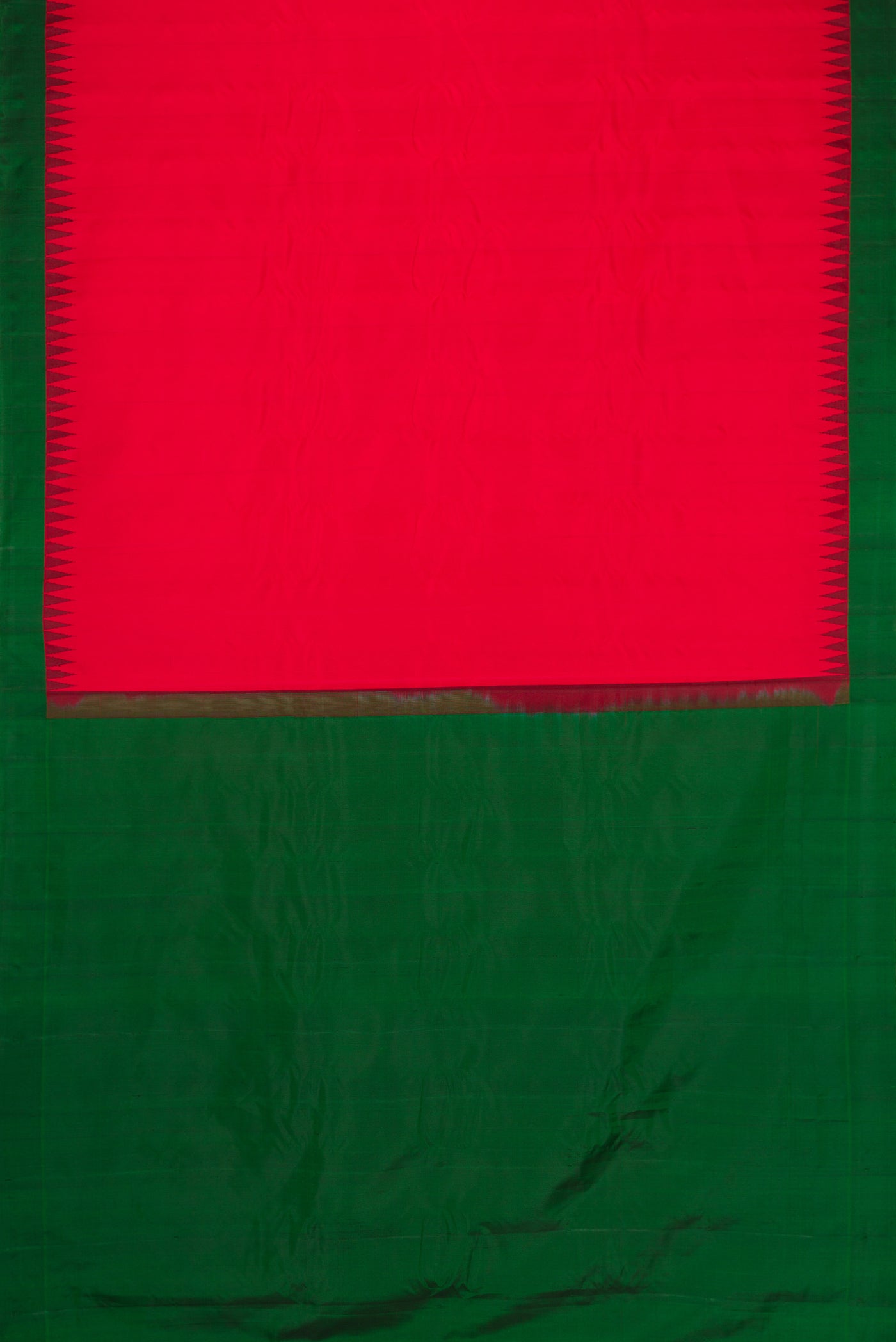 Flat view of Red Dual Tone Gadwal Silk Saree with Plain Body and Temple Border. 