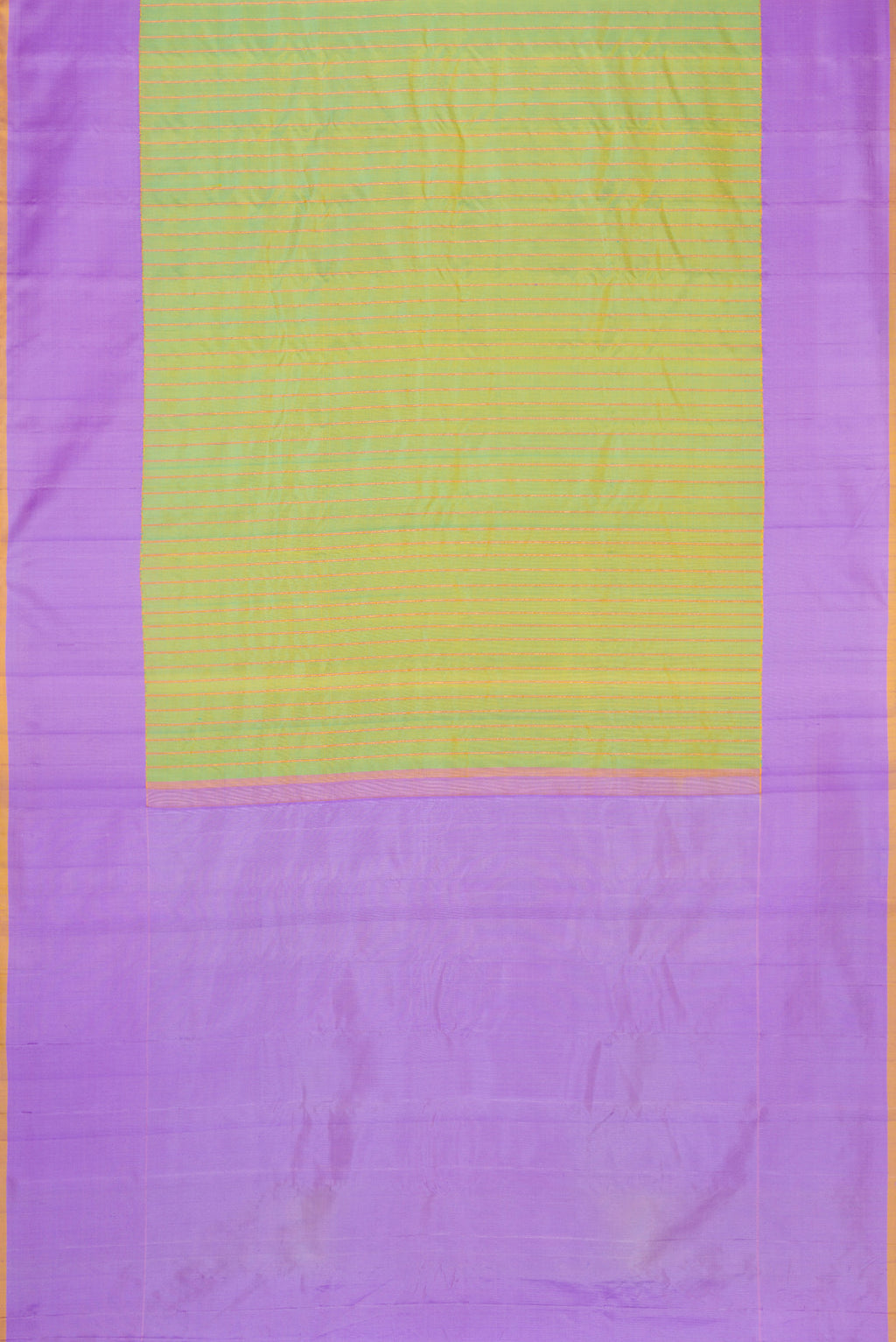 Flat view of Green Dual Tone Gadwal Silk Saree with Stripes on the body and Plain Border. 
