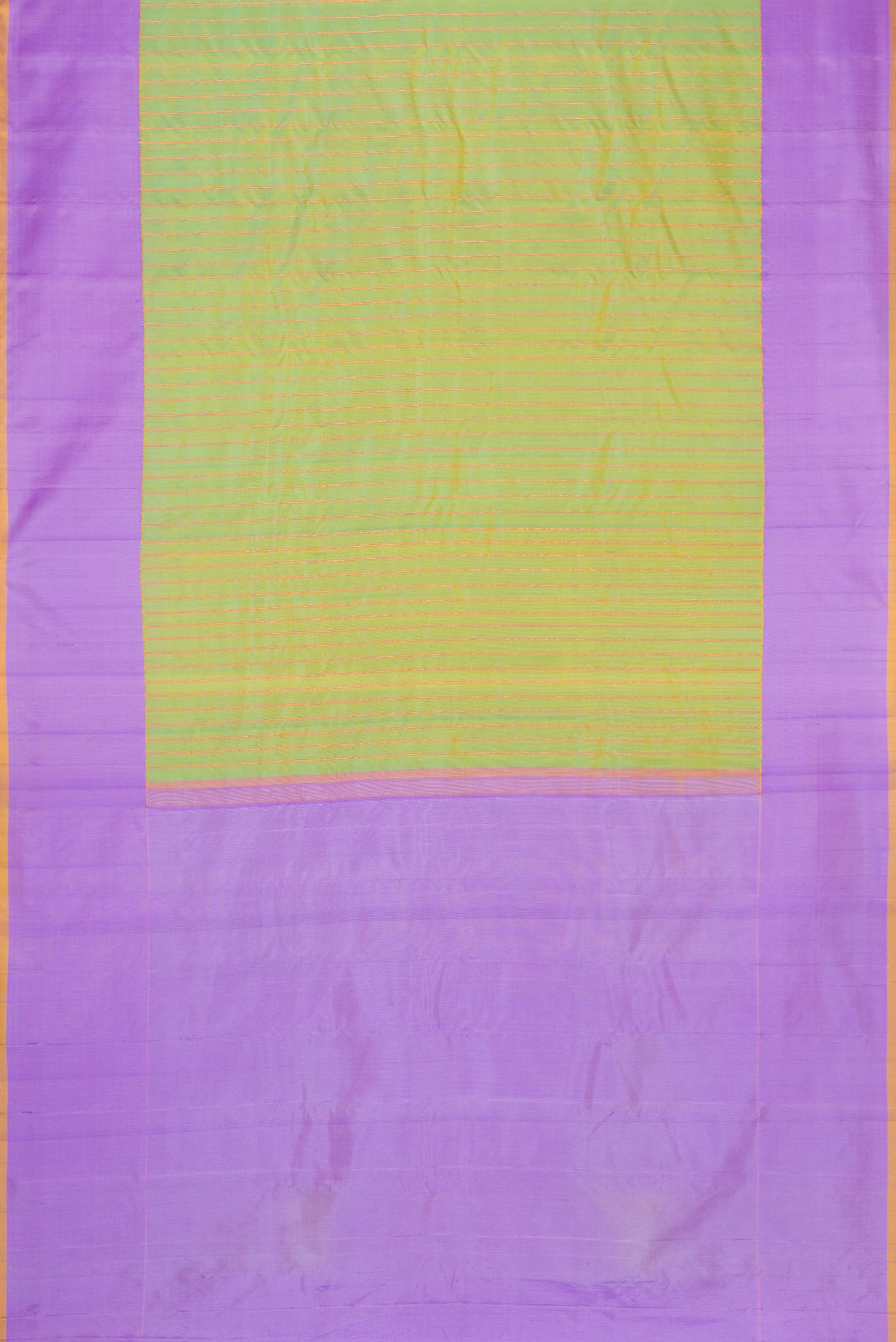 Flat view of Green Dual Tone Gadwal Silk Saree with Stripes on the body and Plain Border. 