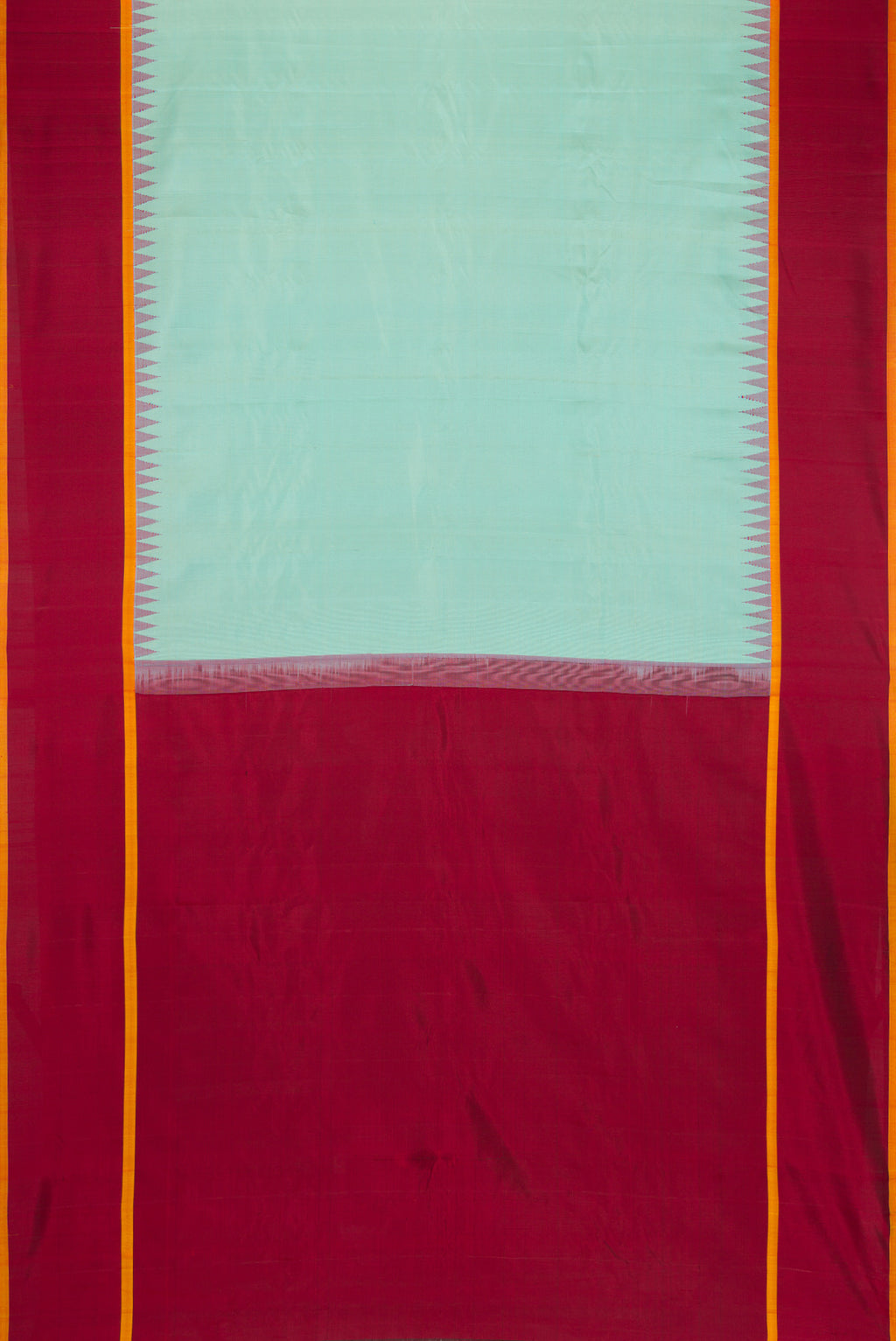 Flat view of Sky Blue Dual Tone Gadwal Silk Saree with Plain Body and Zari Border. 