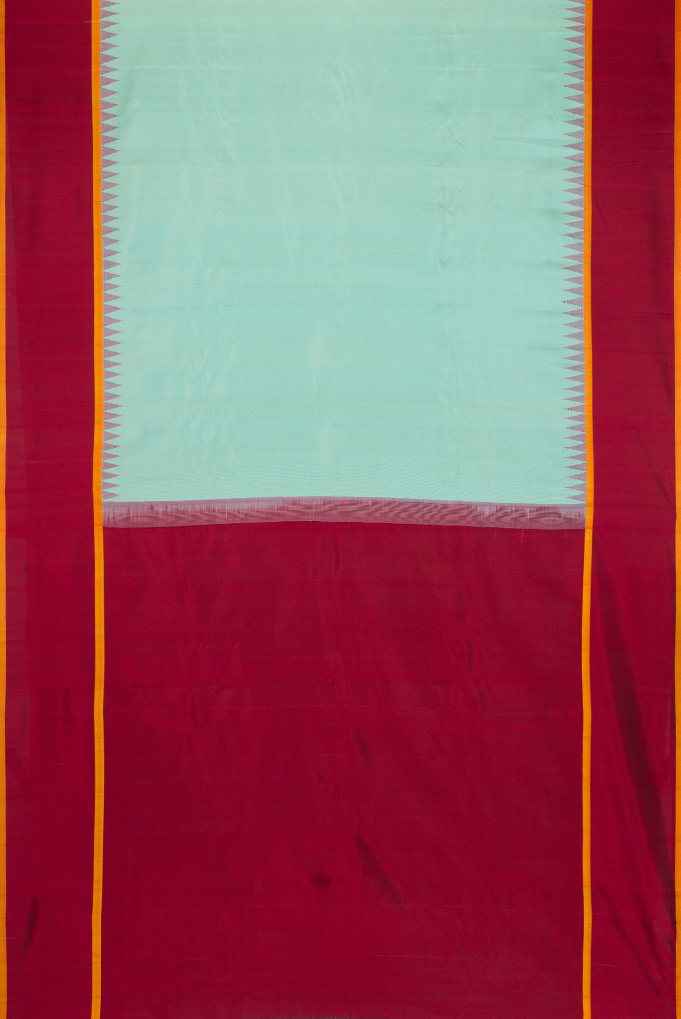 Flat view of Sky Blue Dual Tone Gadwal Silk Saree with Plain Body and Zari Border. 