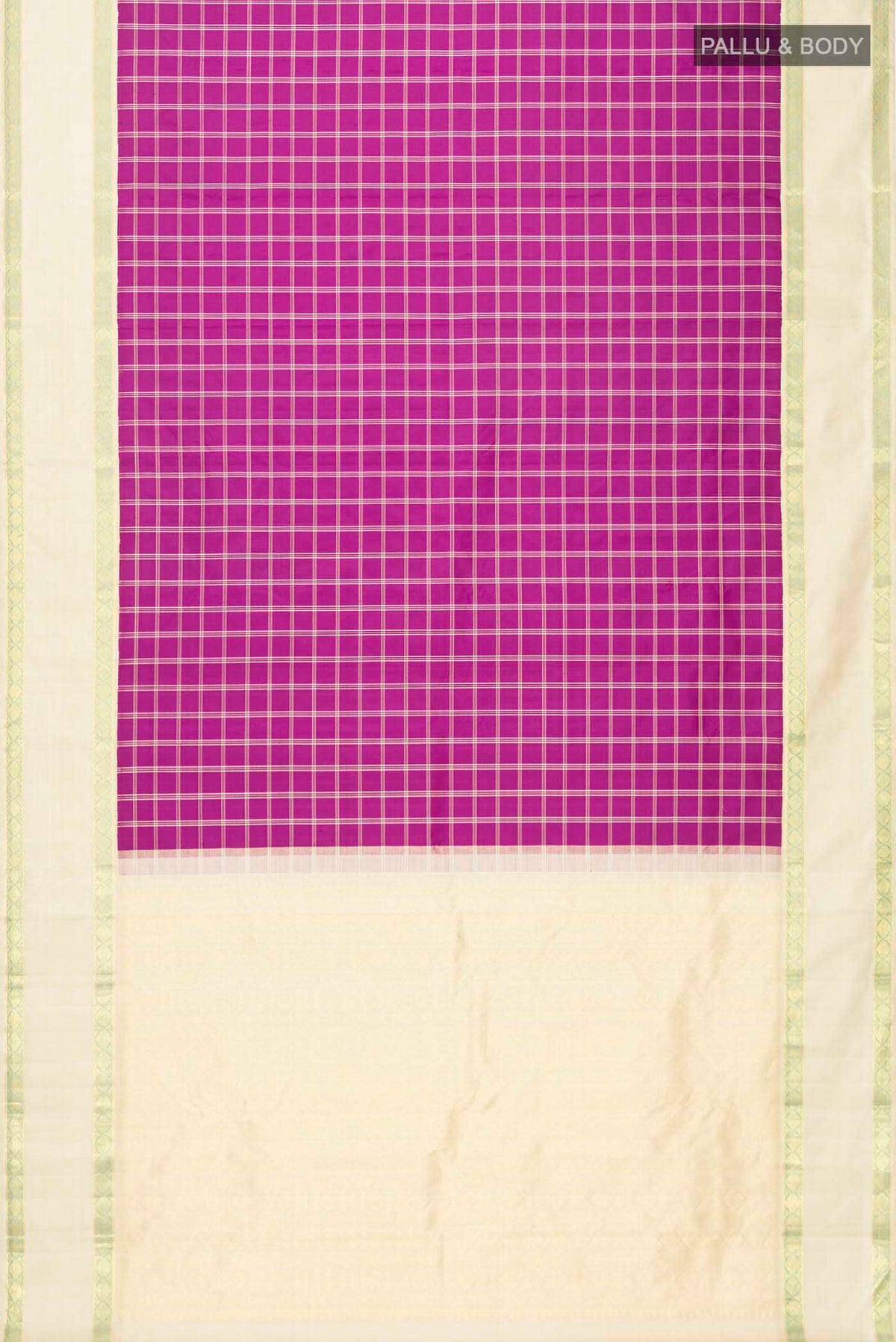 Flat view of Purple Kanchipuram Silk Saree with Checked design on the body and Zari Border