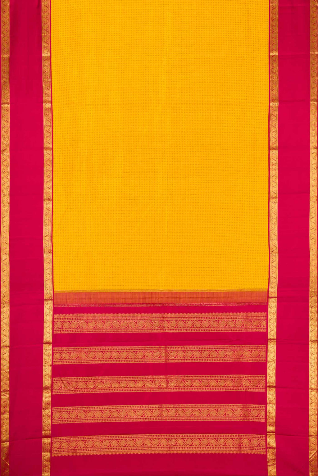 Flat view of Pure Silk Pure Zari Yellow Dual Tone Kanjivaram Saree with Thread Butta on the body and Zari Border. 