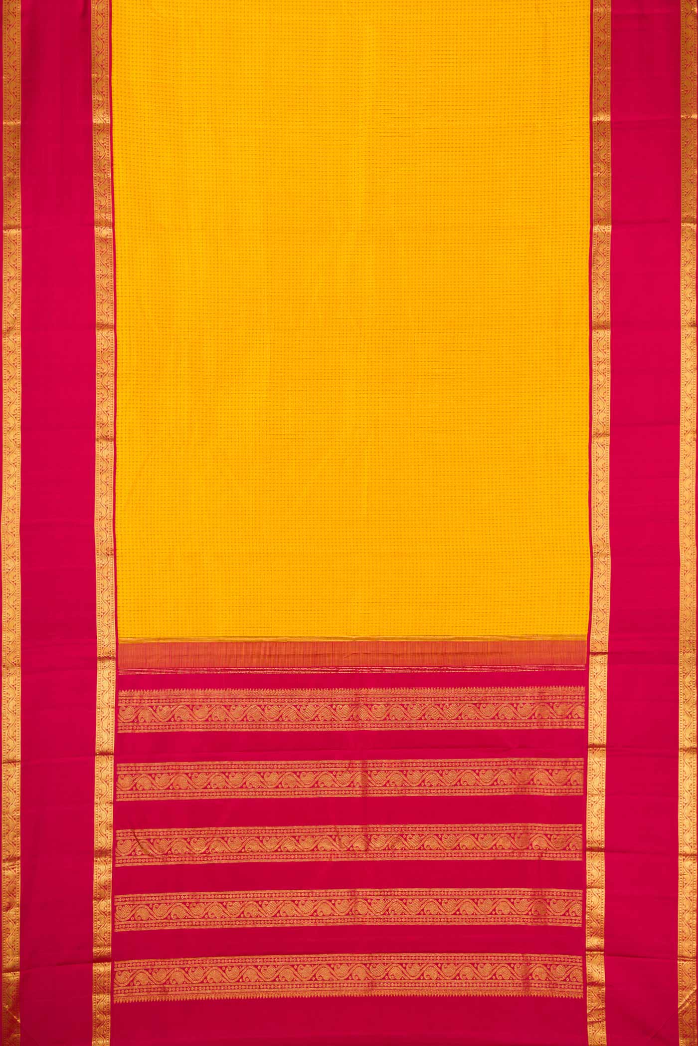 Flat view of Pure Silk Pure Zari Yellow Dual Tone Kanjivaram Saree with Thread Butta on the body and Zari Border. 