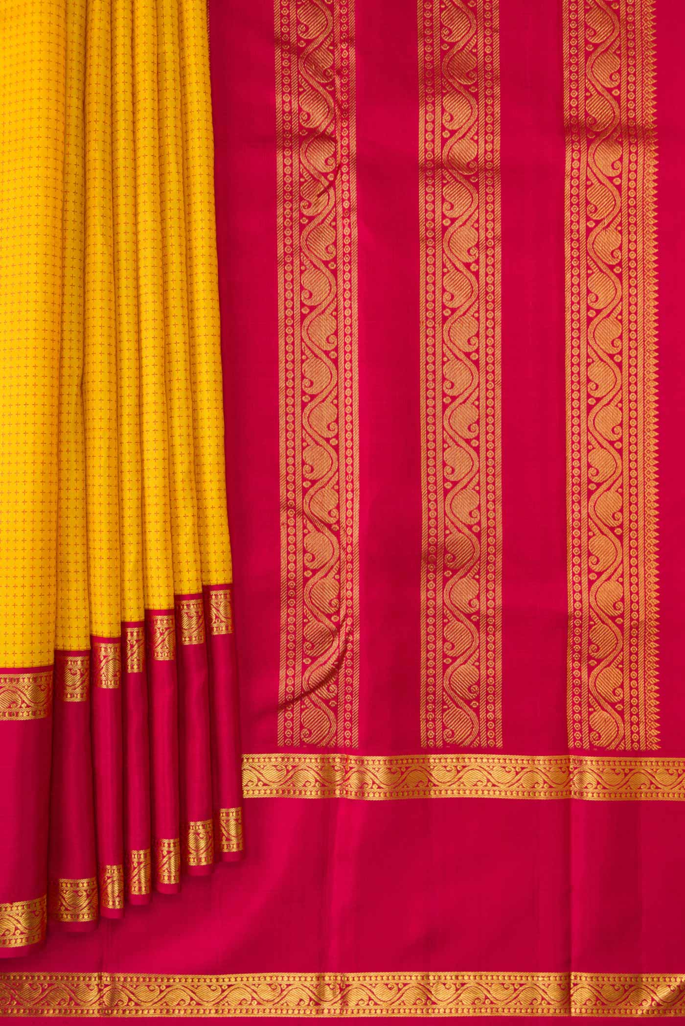 Pleats and pallu of Pure Silk Pure Zari Yellow Dual Tone Kanjivaram Saree with Thread Butta on the body and Zari Border. 
