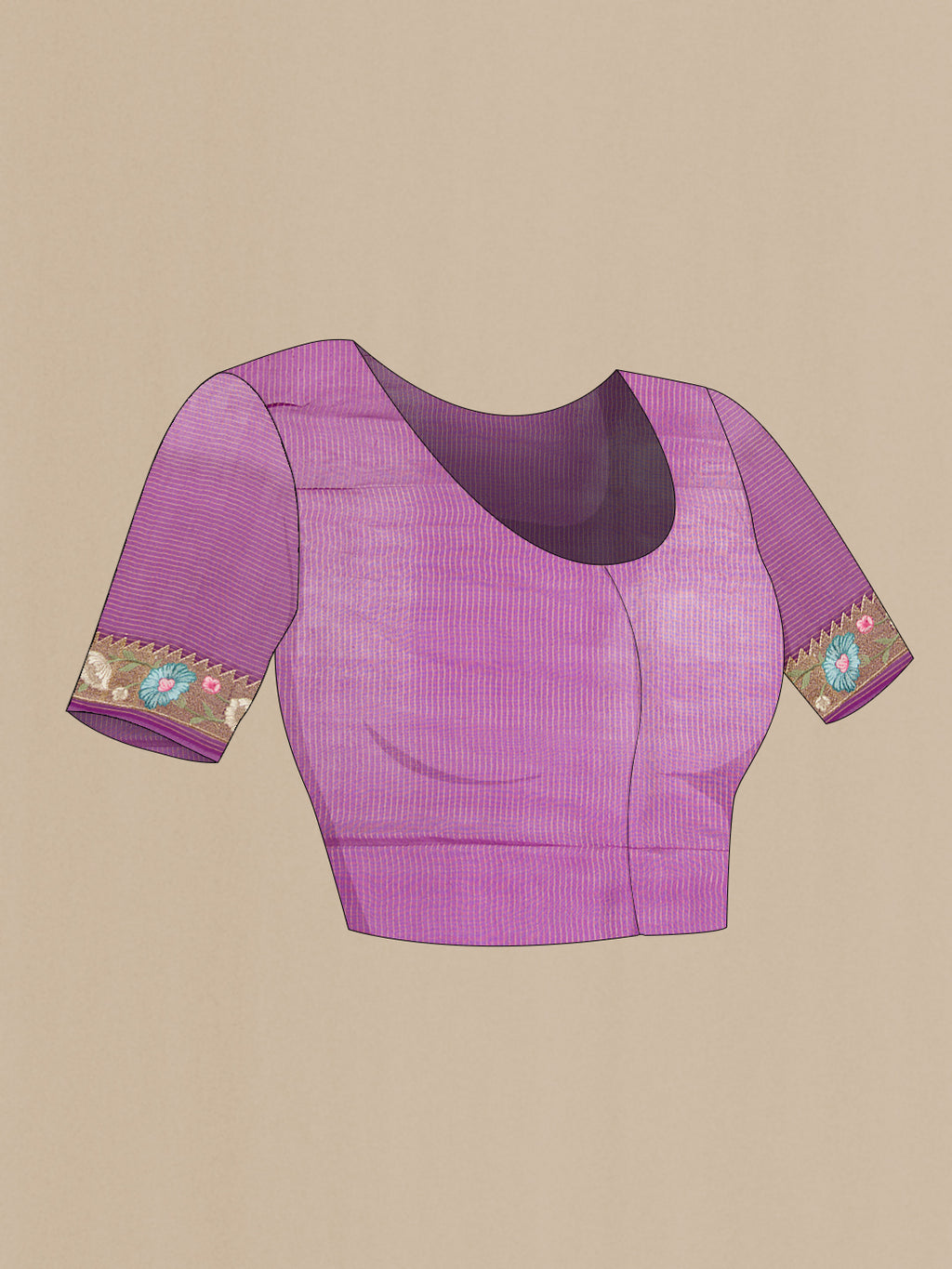 Close up image of the blouse of Purple Dual Tone Organza Silk Saree with Embroidery on the body and Embroidery Border. 