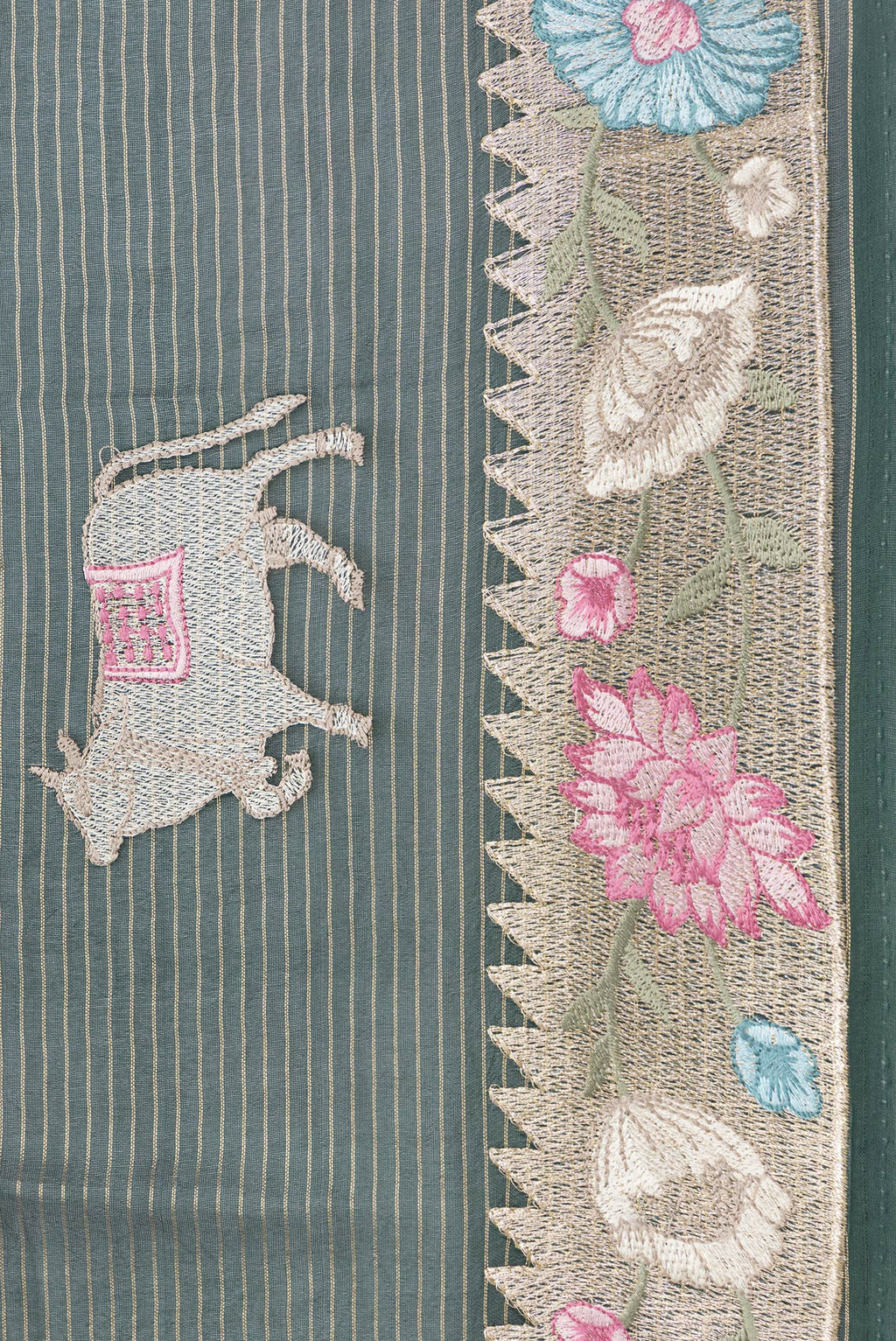 Border image of Bottle Green Dual Tone Organza Silk Saree with Stripes on the body and Fancy Border. 