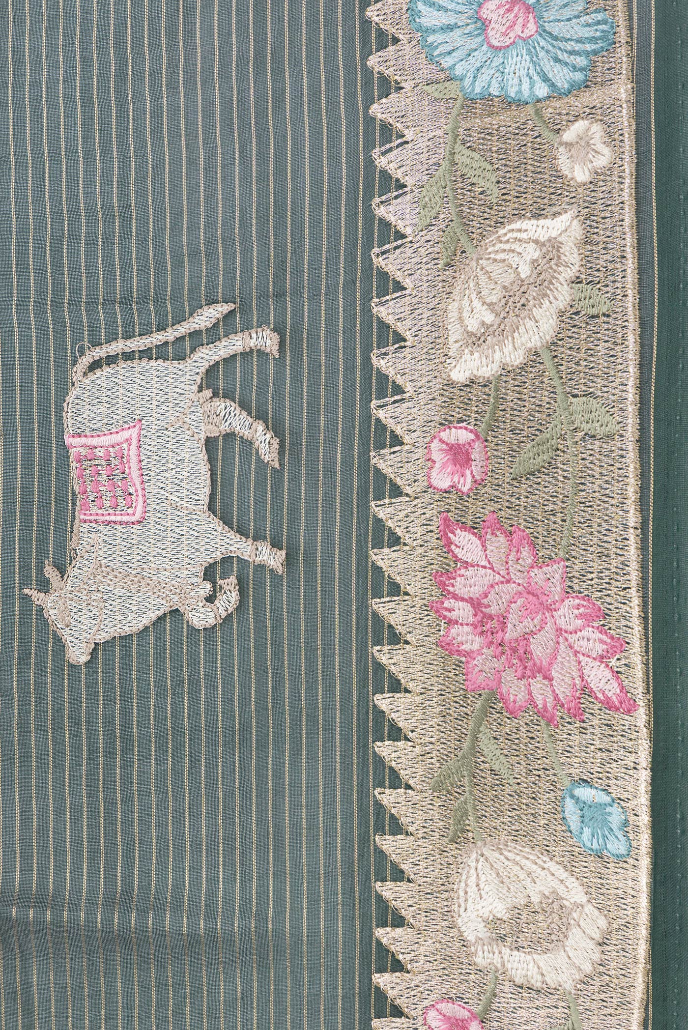 Border image of Bottle Green Dual Tone Organza Silk Saree with Stripes on the body and Fancy Border. 