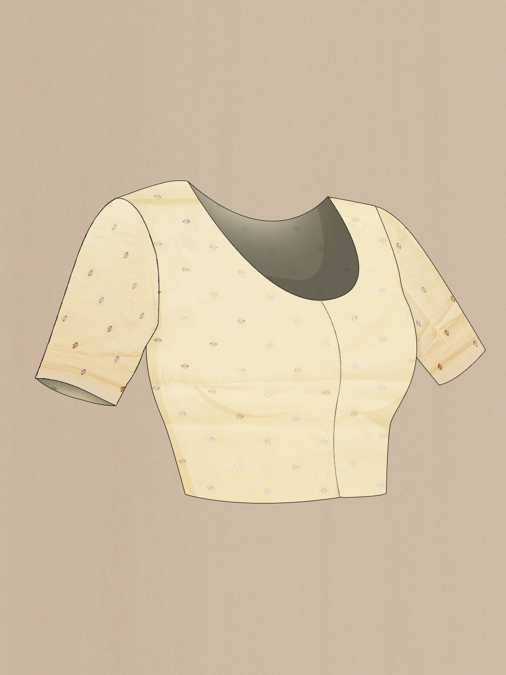 Close up image of the blouse of Sandal Dual Tone Organza Silk Saree with Zari Butta on the body and Fancy Border. 