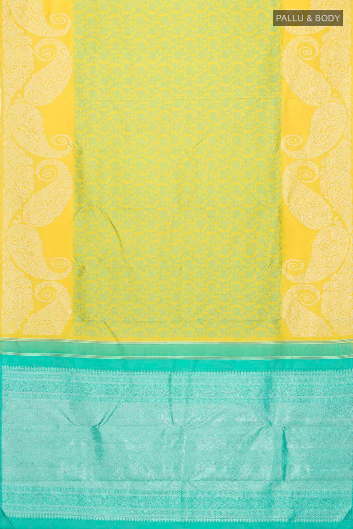 Flat view of Green Kanchipuram Silk Saree with Jacquard design on the body and Zari Border