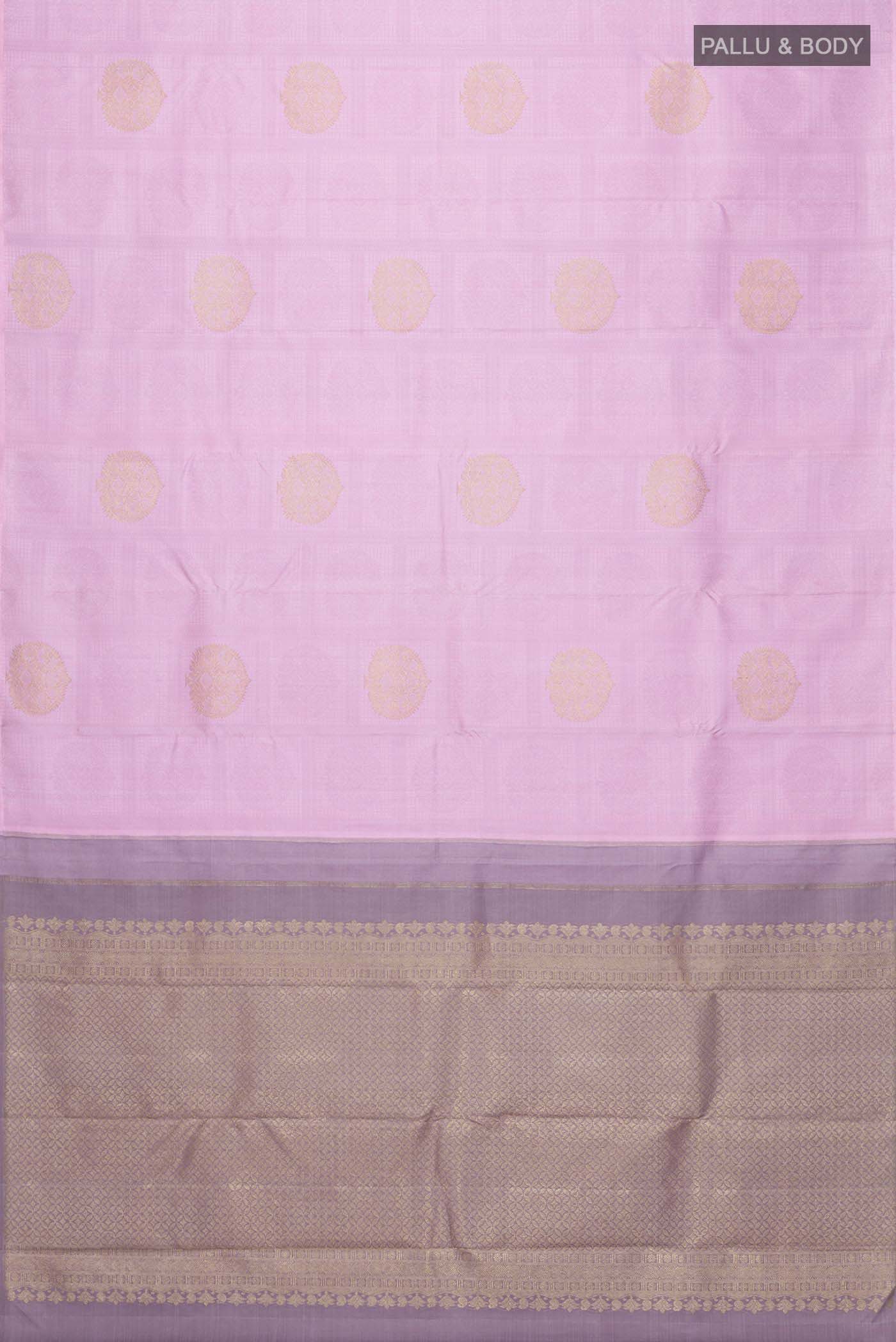 Flat view of Pink Kanchipuram Silk Saree with Half And Half on the body and Without Border