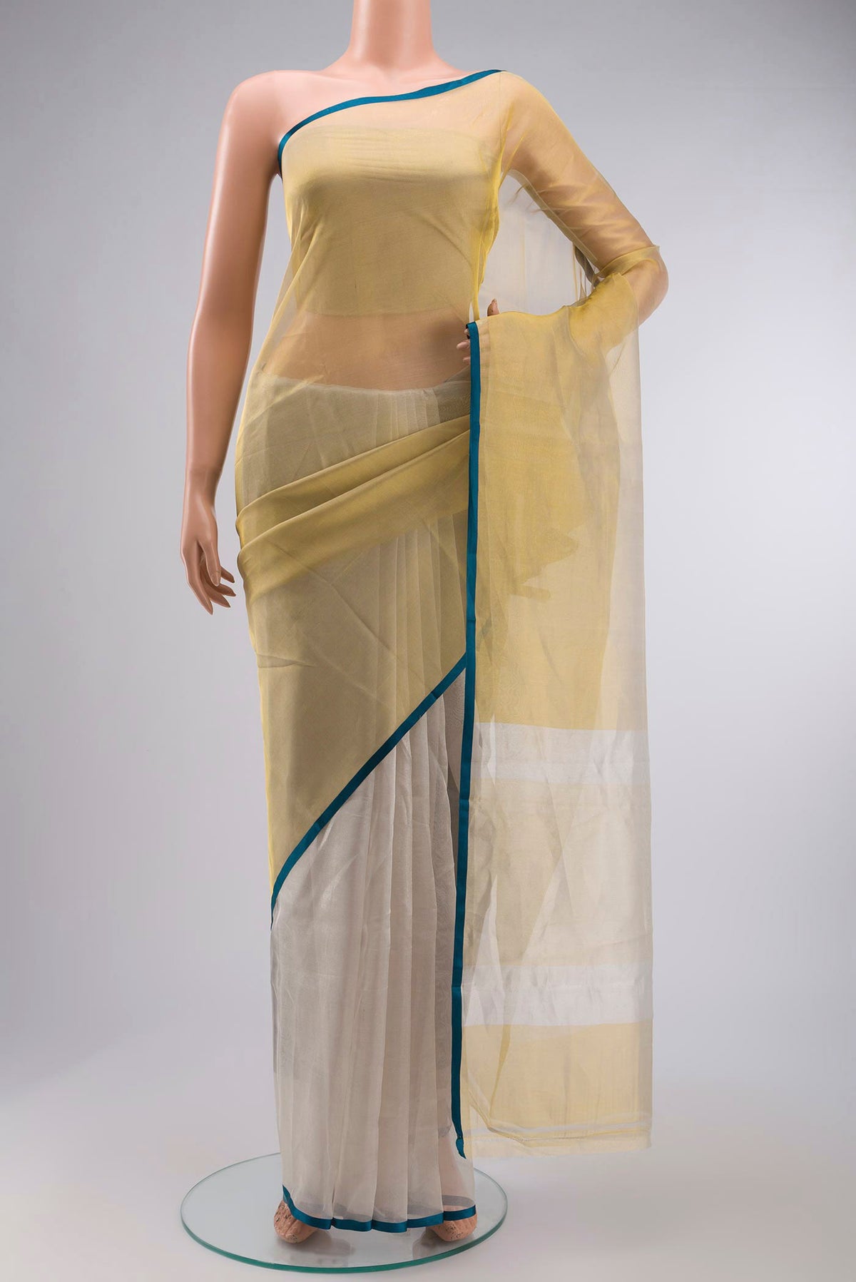 Multi Color Tissue Silk Saree with Plain Body and Plain Border displayed on a mannequin