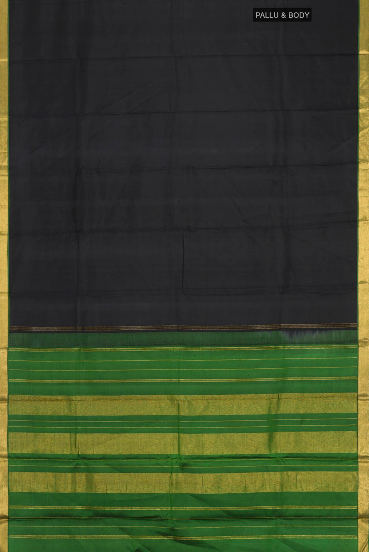 Flat view of Black Kanchipuram Silk Saree with Plain Body and Zari Border