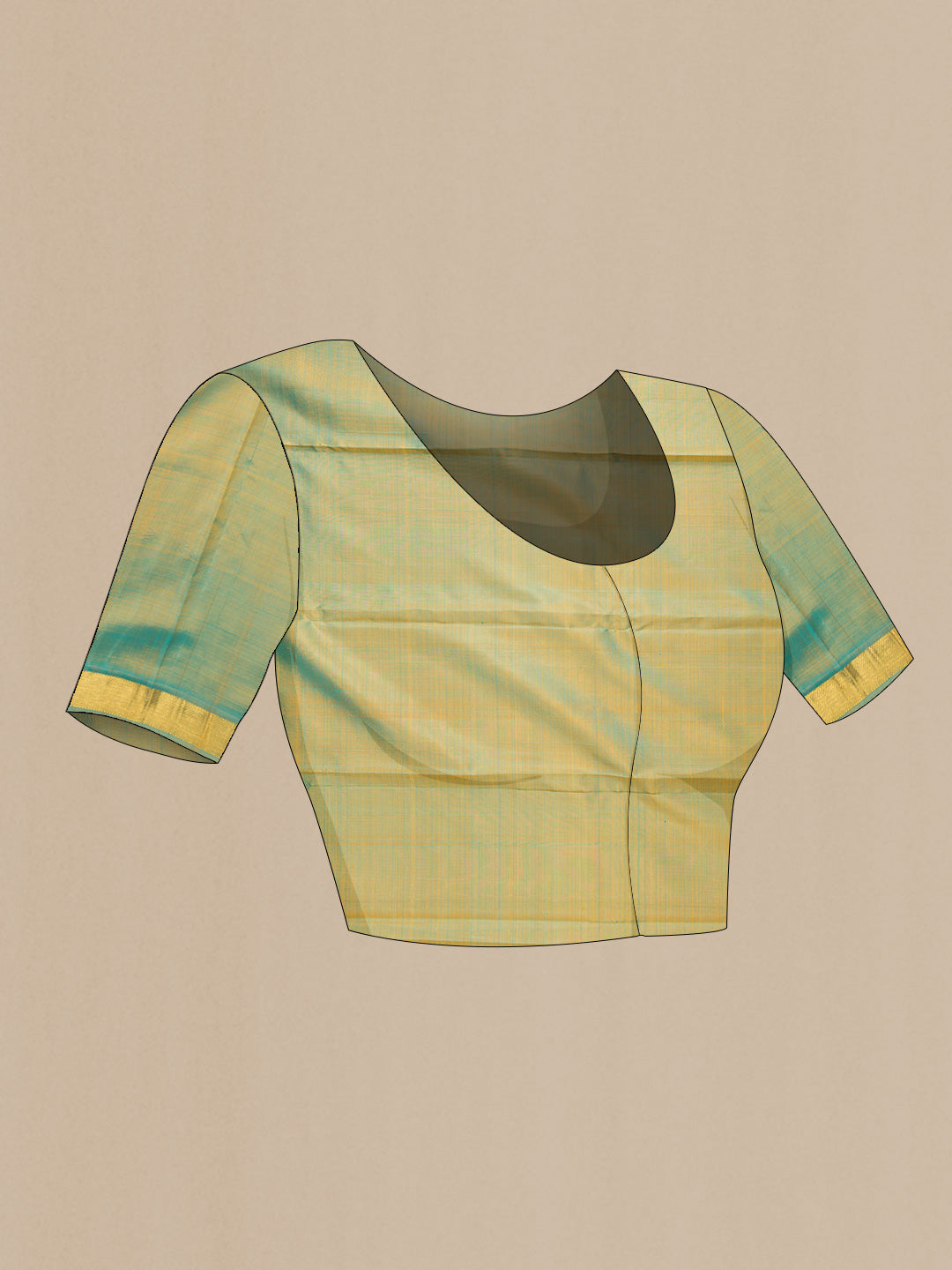 Close up image of the blouse of Orange Dual Tone Kanjivaram Silk Saree with Plain Body and Zari Border. 