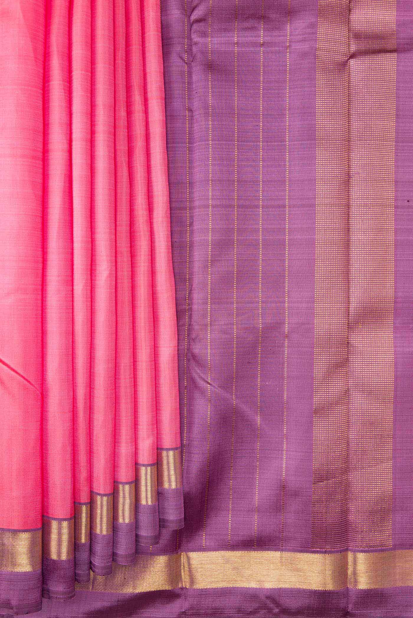Pleats and pallu of Pink Dual Tone Kanjivaram Silk Saree with Plain Body and Zari Border. 