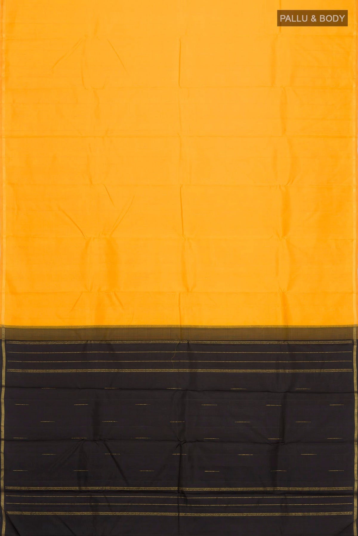 Flat view of Yellow Kanchipuram Silk Saree with Zari Butta on the body and Zari Border