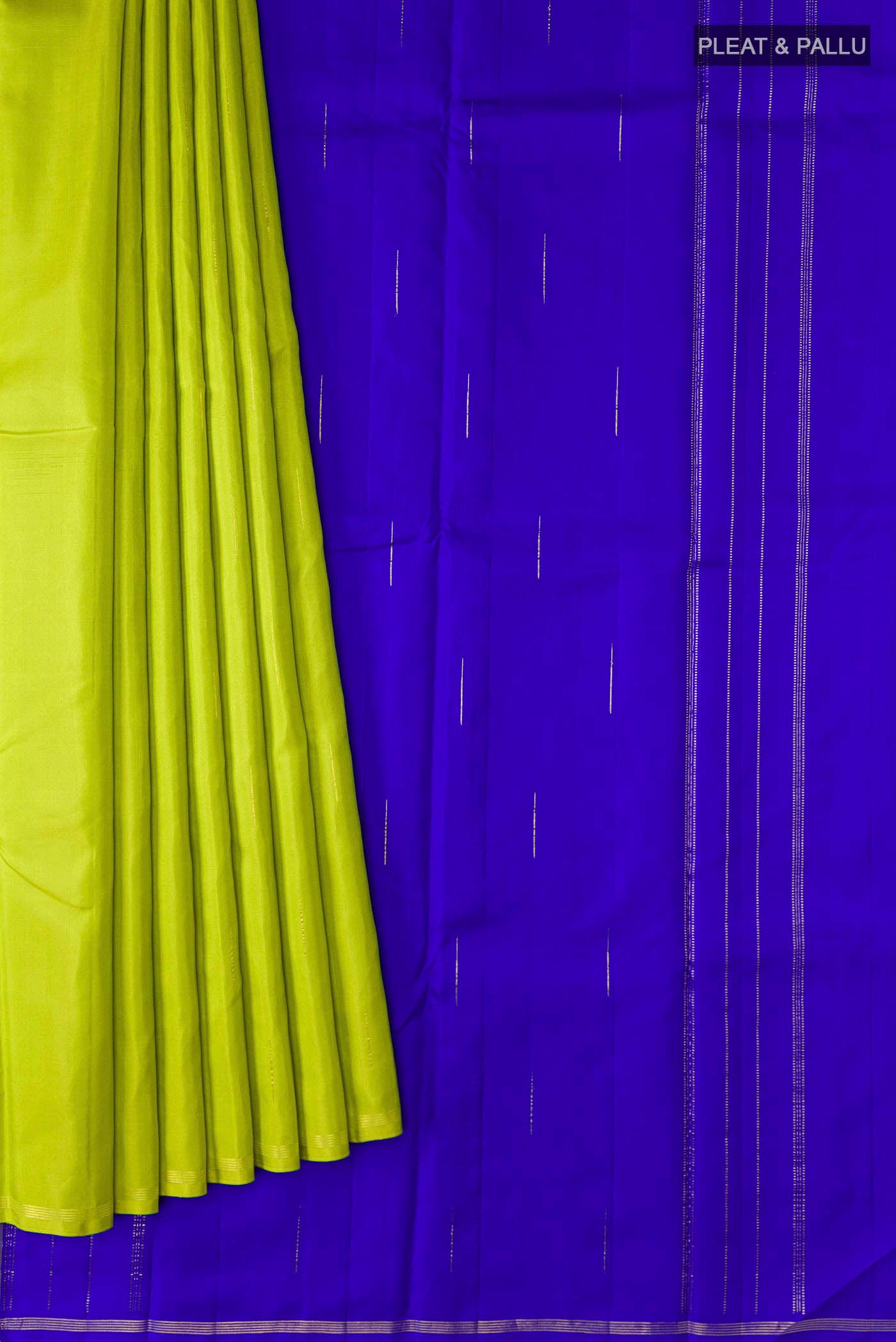 Pleats and pallu of Green Kanchipuram Silk Saree with Zari Butta on the body and Zari Border