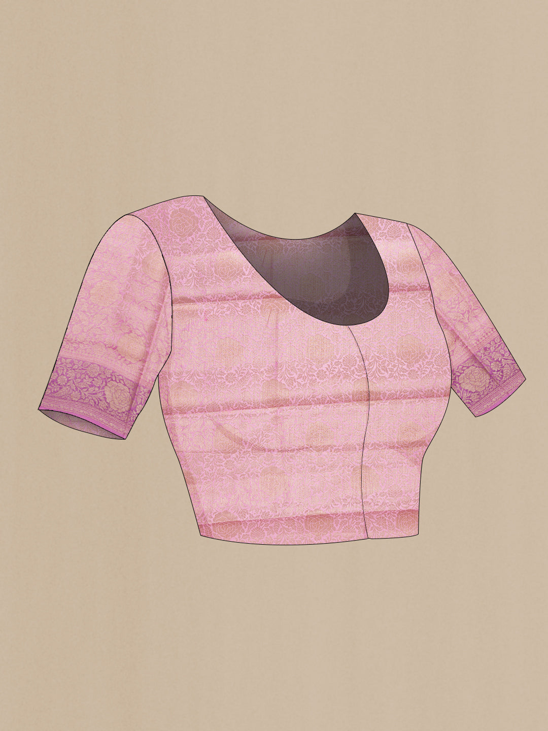 Close up image of the blouse of Lavender Dual Tone Tussar Silk Saree with Zari Brocade on the body and Zari Border. 