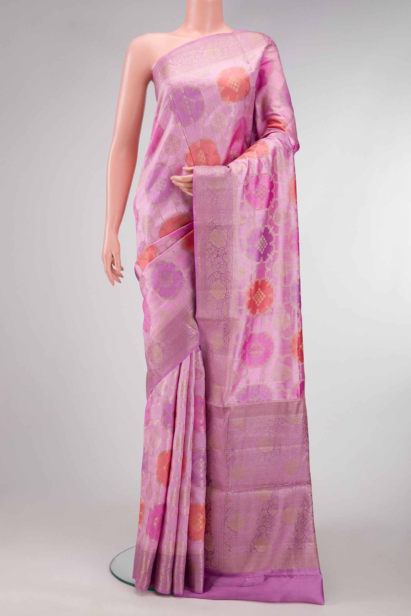 Lavender Dual Tone Tussar Silk Saree with Zari Brocade on the body and Zari Border.  displayed on a mannequin