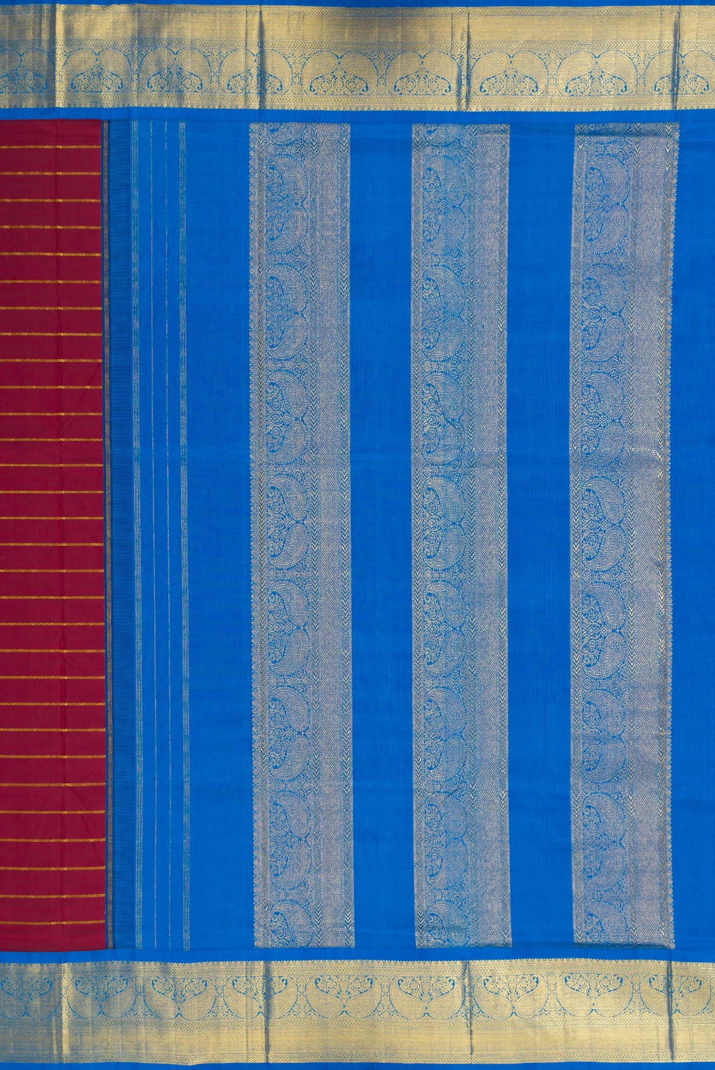 Close up image of the pallu of Pure Silk Pure Zari Maroon Dual Tone Kanchipuram Nine Yards Saree with Stripes on the body and Zari Border. 