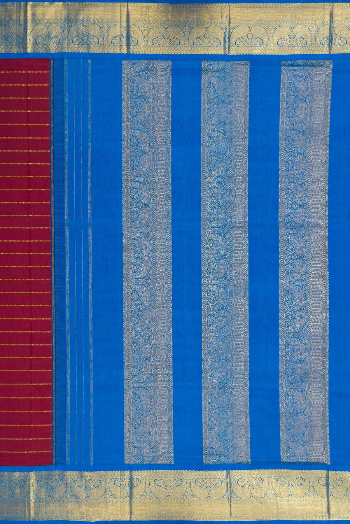 Close up image of the pallu of Pure Silk Pure Zari Maroon Dual Tone Kanchipuram Nine Yards Saree with Stripes on the body and Zari Border. 