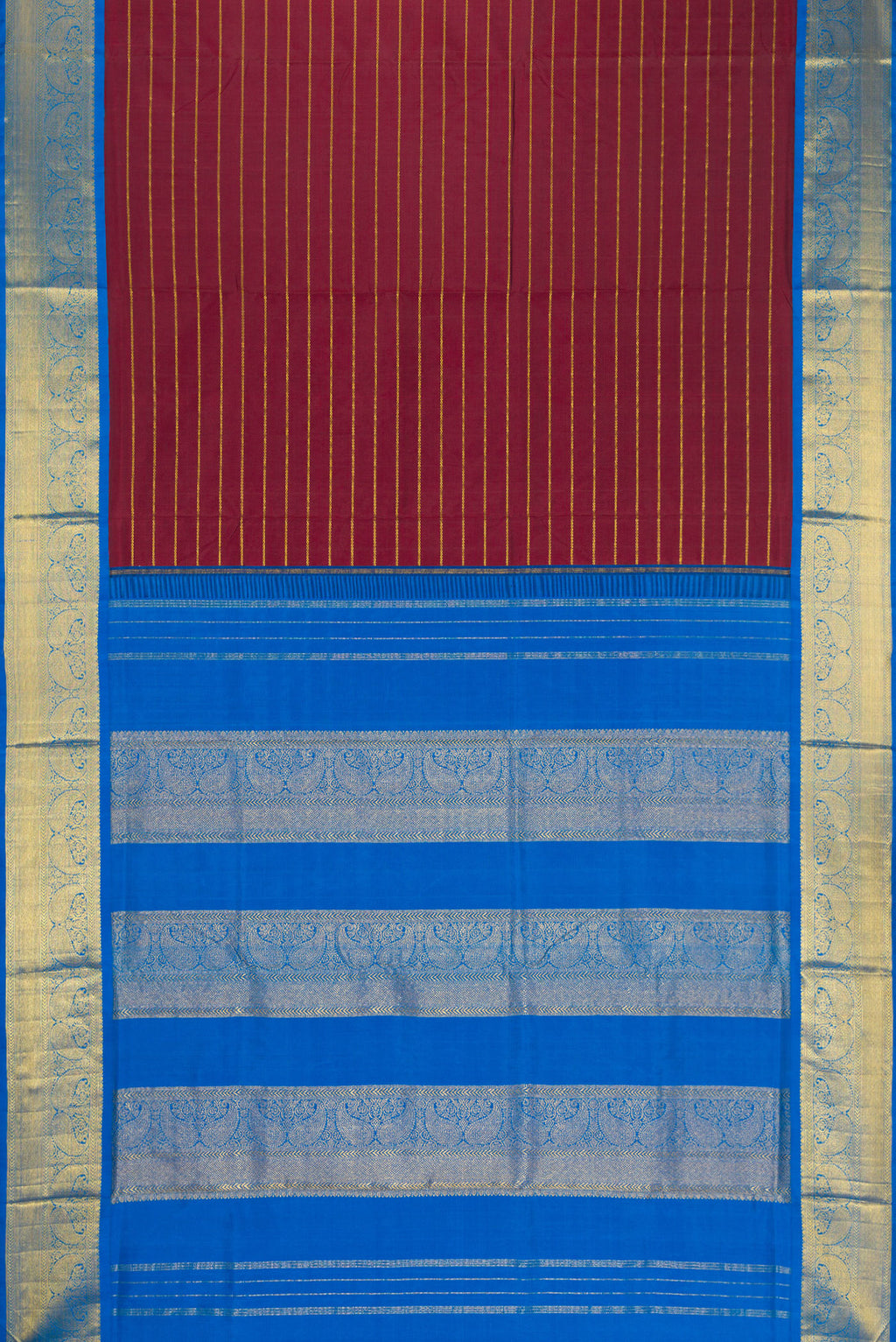 Flat view of Pure Silk Pure Zari Maroon Dual Tone Kanchipuram Nine Yards Saree with Stripes on the body and Zari Border. 